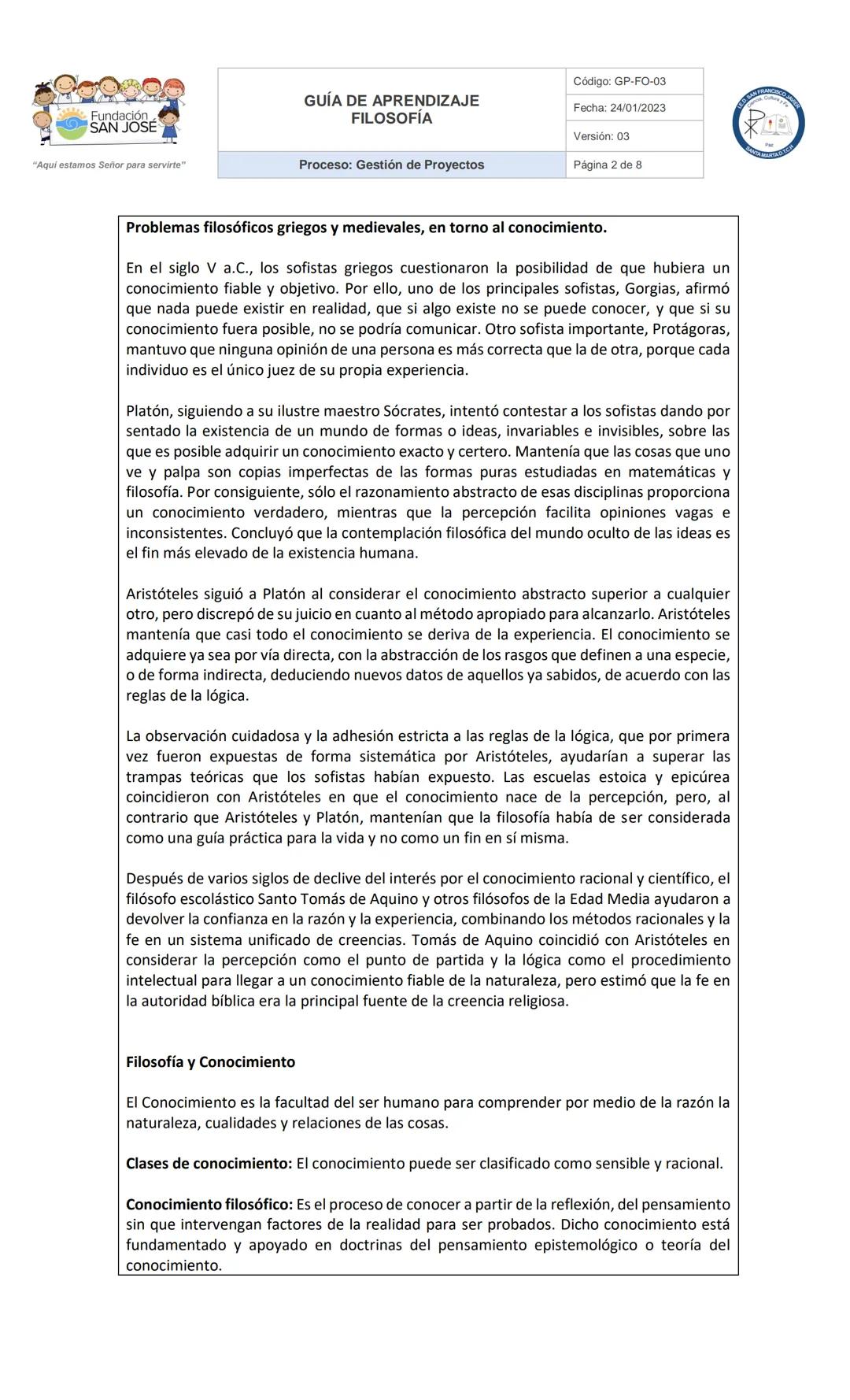 # GUÍA DE APRENDIZAJE
## FILOSOFÍA
Proceso: Gestión de Proyectos
Código: GP-FO-03
Fecha: 24/01/2023
Versión: 03
Página 1 de 8
Fundación
SAN