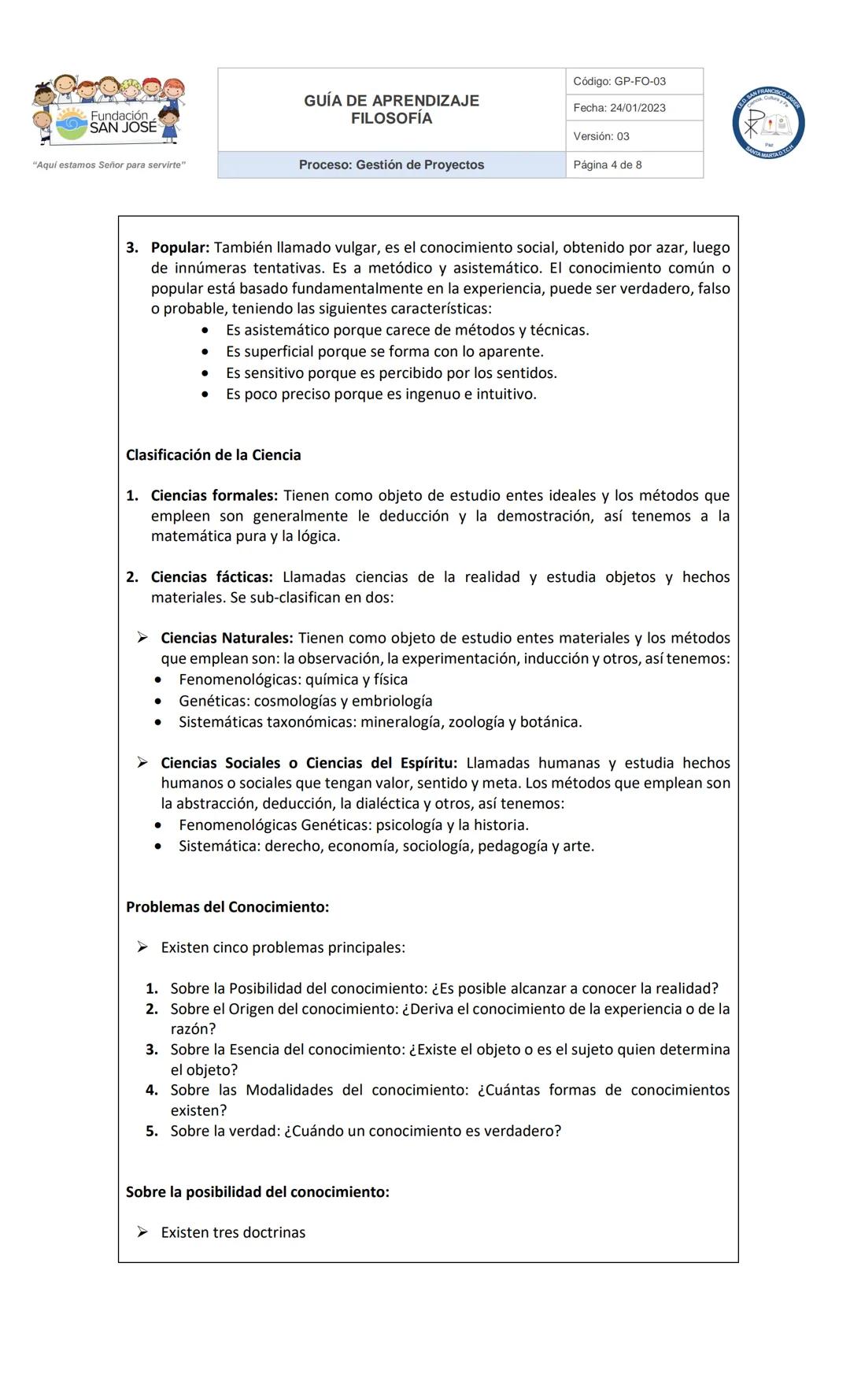 # GUÍA DE APRENDIZAJE
## FILOSOFÍA
Proceso: Gestión de Proyectos
Código: GP-FO-03
Fecha: 24/01/2023
Versión: 03
Página 1 de 8
Fundación
SAN