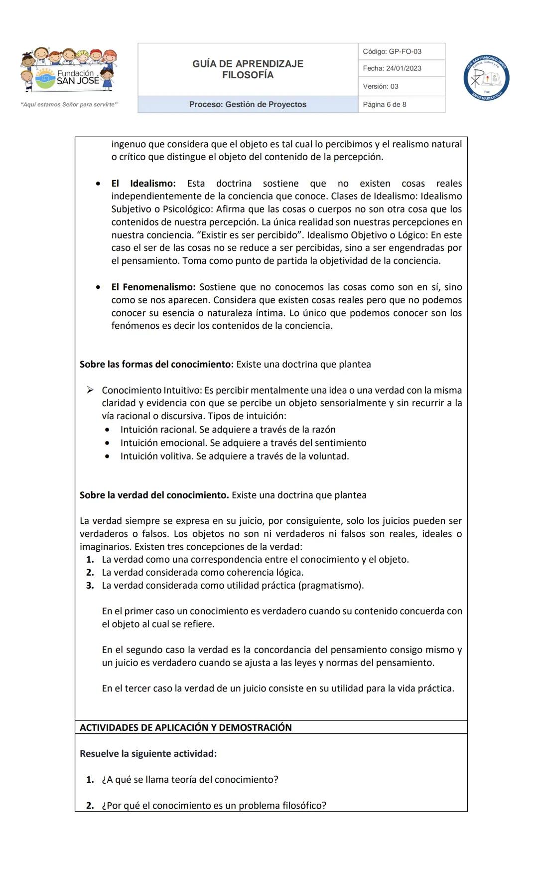 # GUÍA DE APRENDIZAJE
## FILOSOFÍA
Proceso: Gestión de Proyectos
Código: GP-FO-03
Fecha: 24/01/2023
Versión: 03
Página 1 de 8
Fundación
SAN