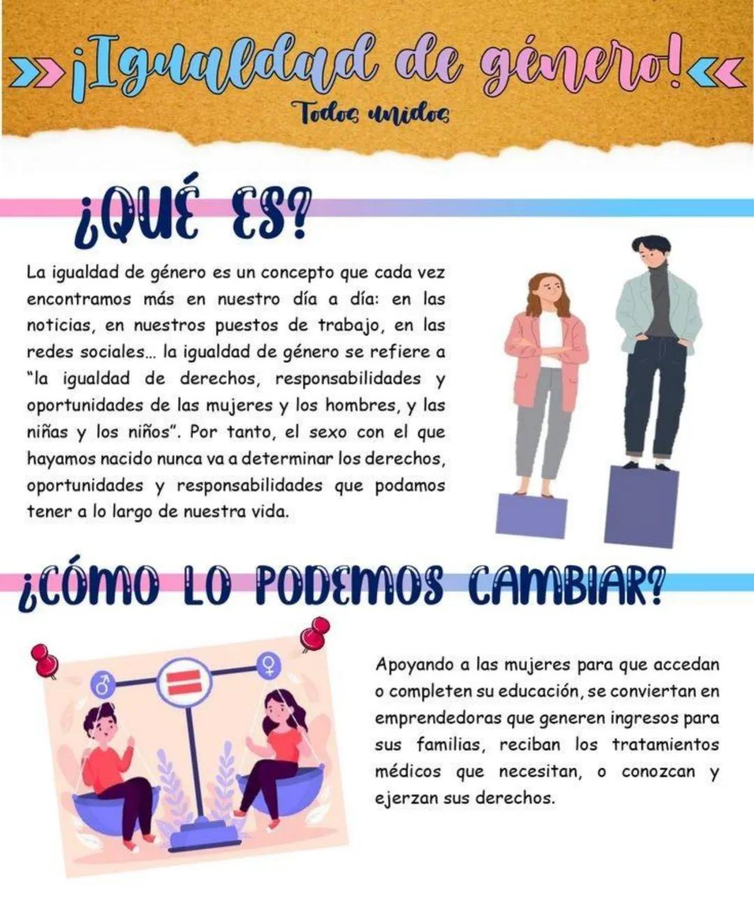 >>>¡Igualdad de género!<<
Todos unidos
¿¿QUÉ ES?
La igualdad de género es un concepto que cada vez
encontramos más en nuestro día a día: en