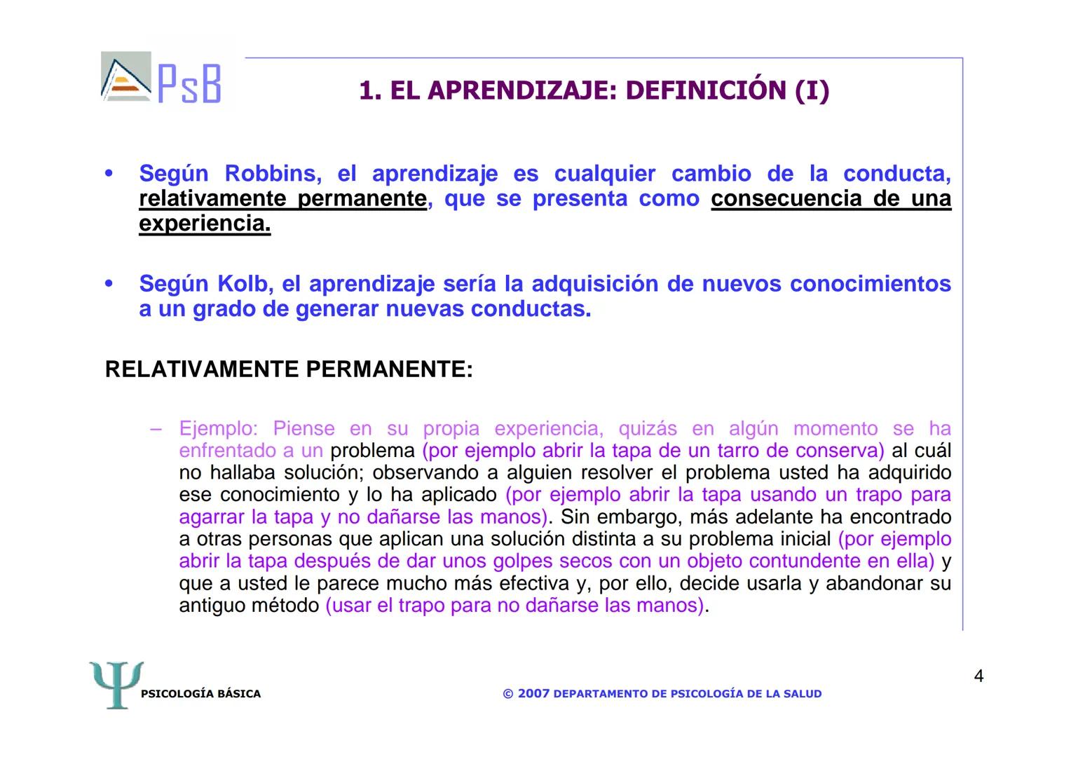 APSB
PSICOLOGÍA BÁSICA
TEMA 3. APRENDIZAJE
LICENCIATURA DE HUMANIDADES
UNIVERSIDAD DE ALICANTE
PSICOLOGÍA BÁSICA
Material extraído del