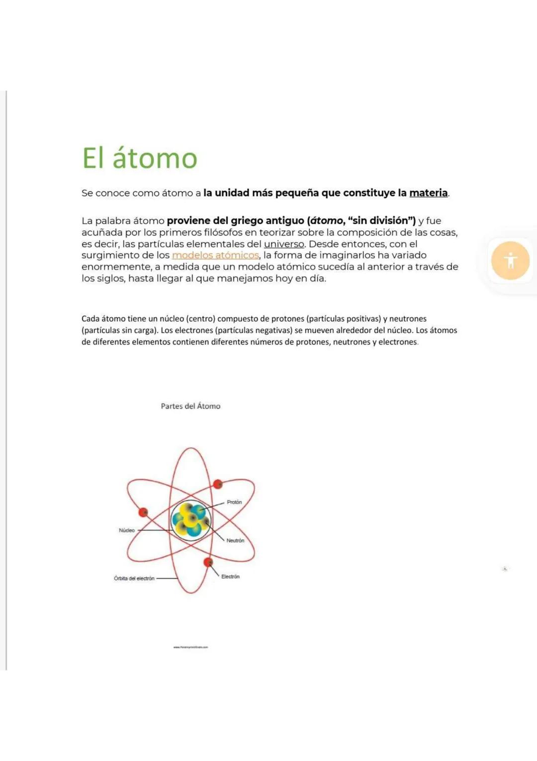# El átomo
Se conoce como átomo a la unidad más pequeña que constituye la materia.
La palabra átomo proviene del griego antiguo (átomo, "s