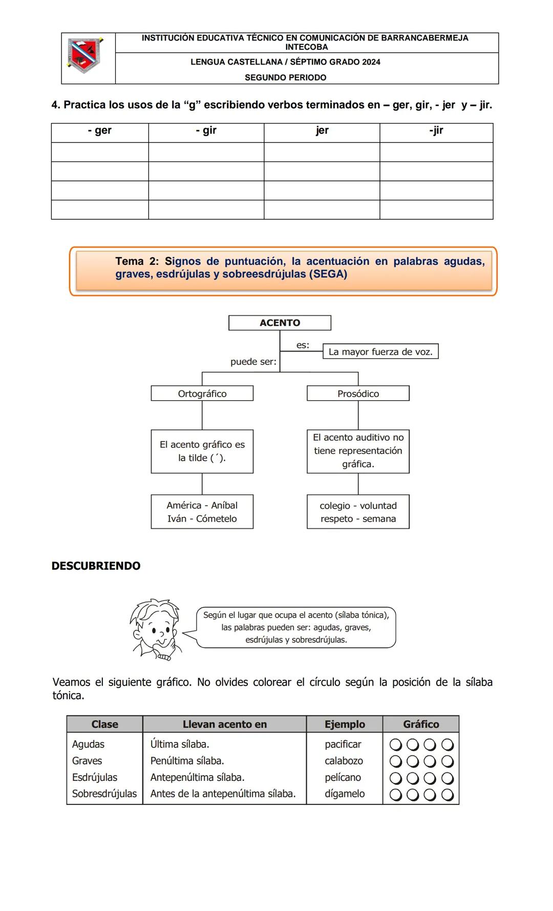 INSTITUCIÓN EDUCATIVA TÉCNICO EN COMUNICACIÓN DE BARRANCABERMEJA
INTECOBA
LENGUA CASTELLANA / SÉPTIMO GRADO 2024
SEGUNDO PERIODO
Temas de