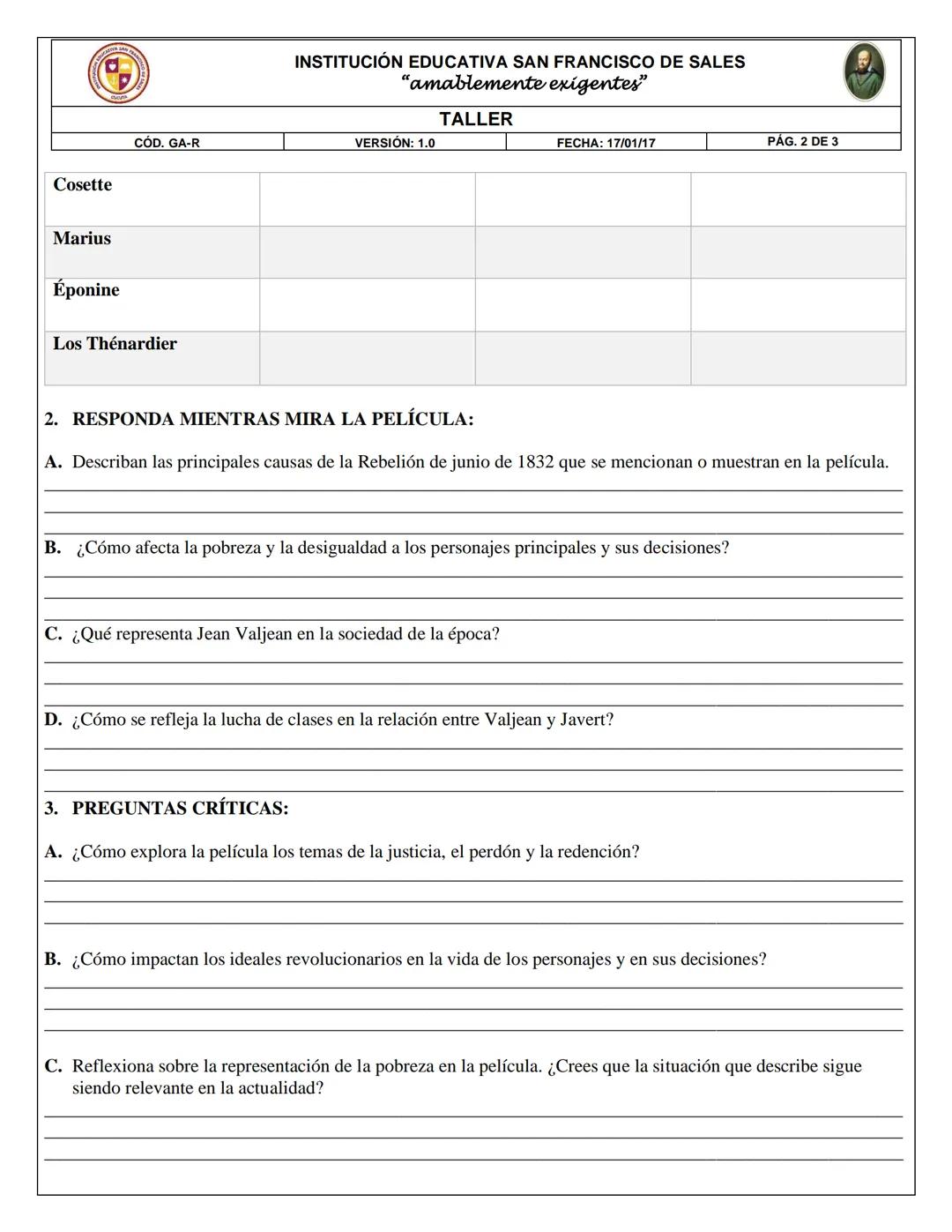 INSTITUCIÓN EDUCATIVA SAN FRANCISCO DE SALES
"amablemente exigentes"
CÓD, GA-R
TALLER
VERSIÓN: 1.0
FECHA: 17/01/17
PÁG. 1 DE 3
ESTUDIANTE