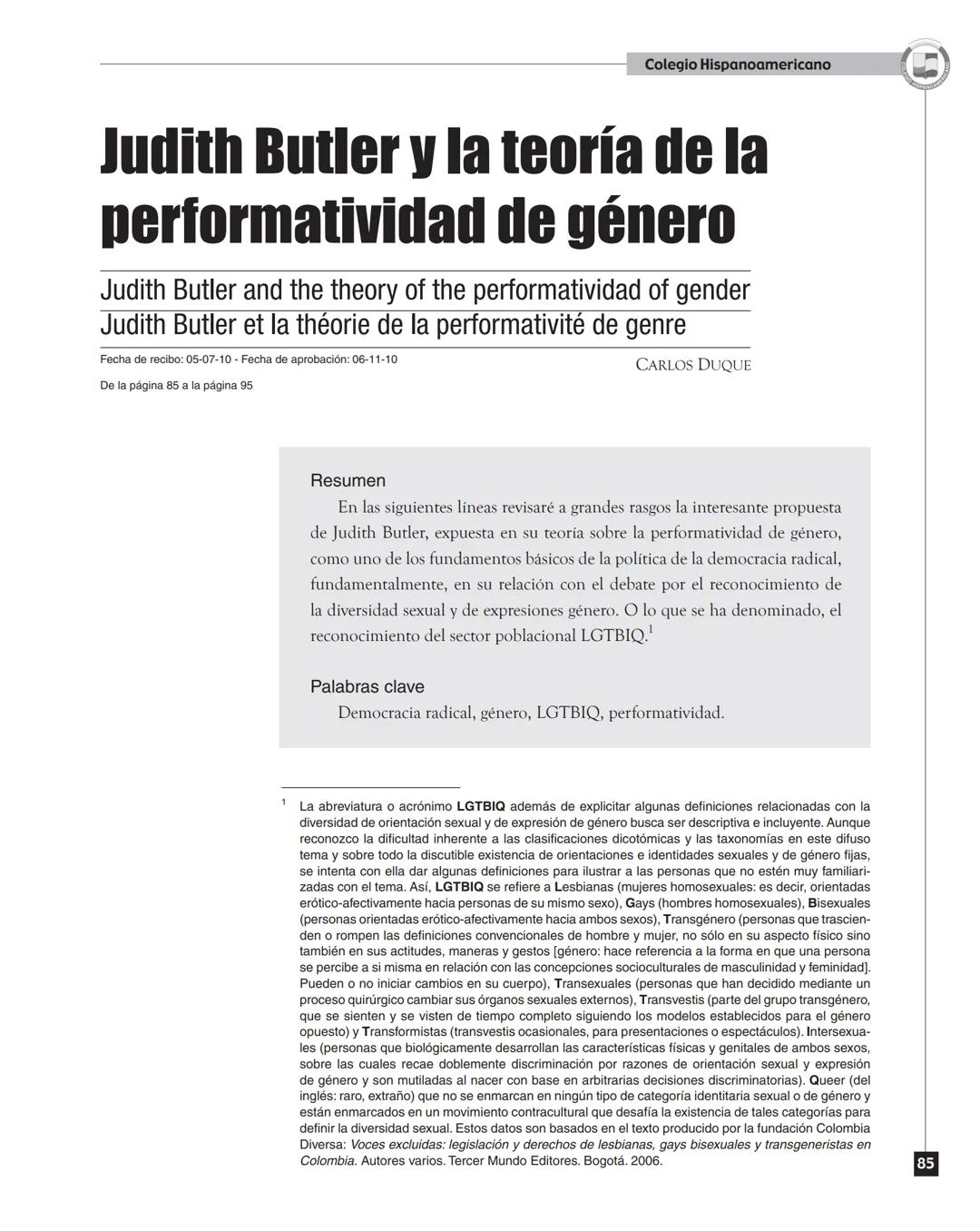 Colegio Hispanoamericano
Judith Butler y la teoría de la
performatividad de género
Judith Butler and the theory of the performatividad of ge