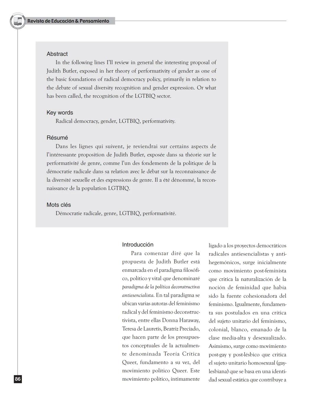 Colegio Hispanoamericano
Judith Butler y la teoría de la
performatividad de género
Judith Butler and the theory of the performatividad of ge