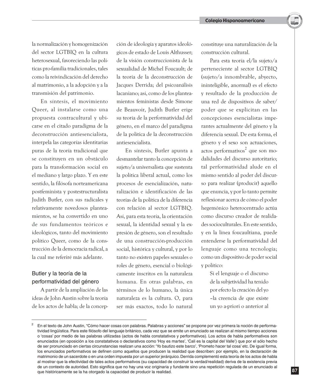 Colegio Hispanoamericano
Judith Butler y la teoría de la
performatividad de género
Judith Butler and the theory of the performatividad of ge