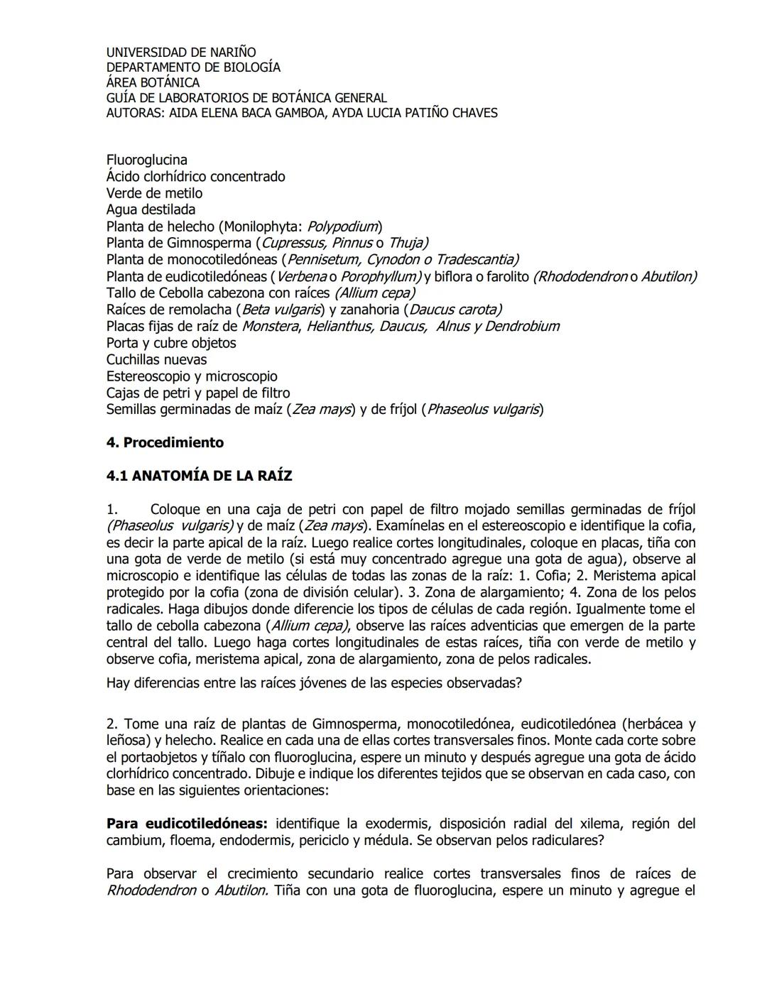 # UNIVERSIDAD DE NARIÑO
DEPARTAMENTO DE BIOLOGÍA
ÁREA BOTÁNICA
GUÍA DE LABORATORIOS DE BOTÁNICA GENERAL
AUTORAS: AIDA ELENA BACA GAMBOA, AYD