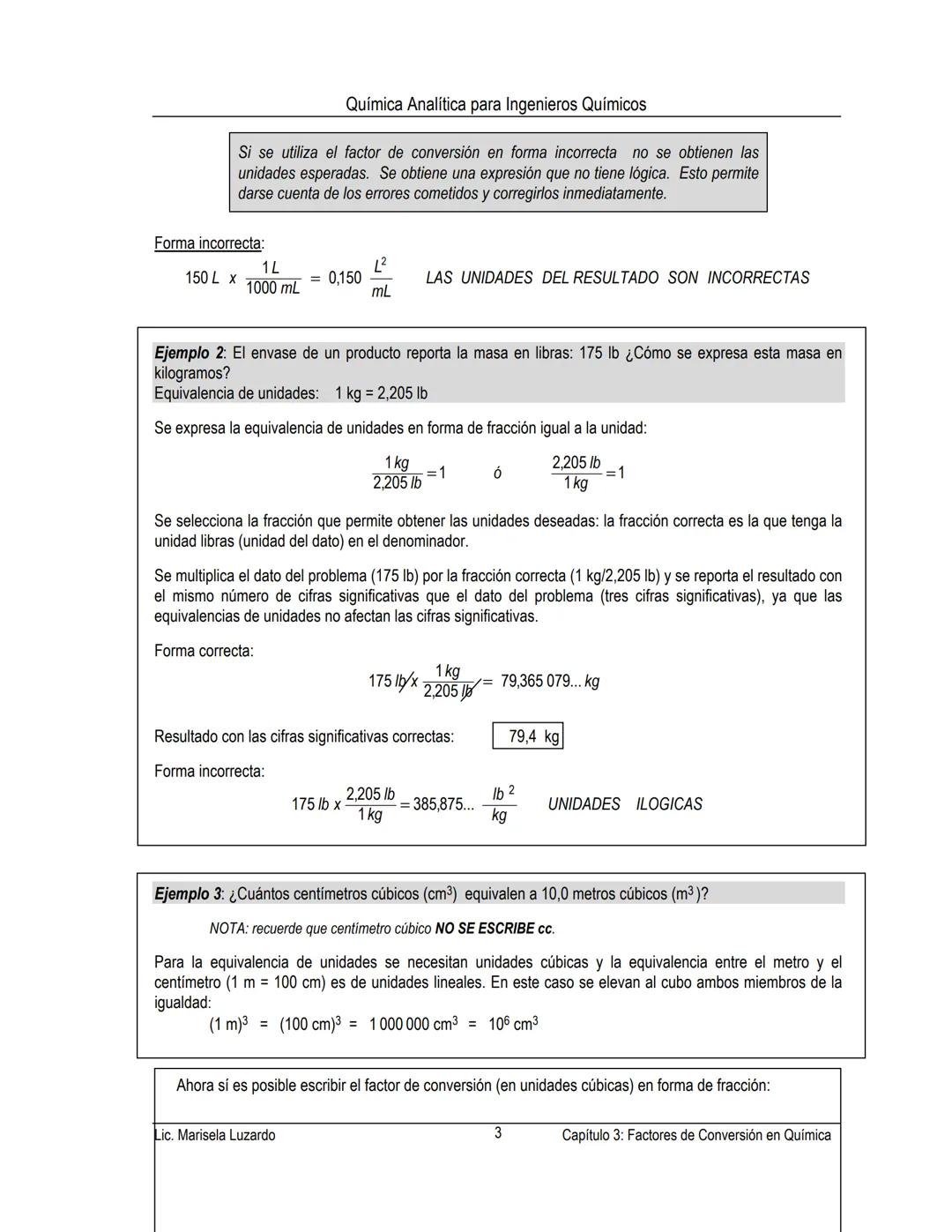 Química Analítica para Ingenieros Químicos
CAPÍTULO 3 FACTORES DE CONVERSION EN QUIMICA
CONTENIDO:
Factores de conversión de unidades
Factor