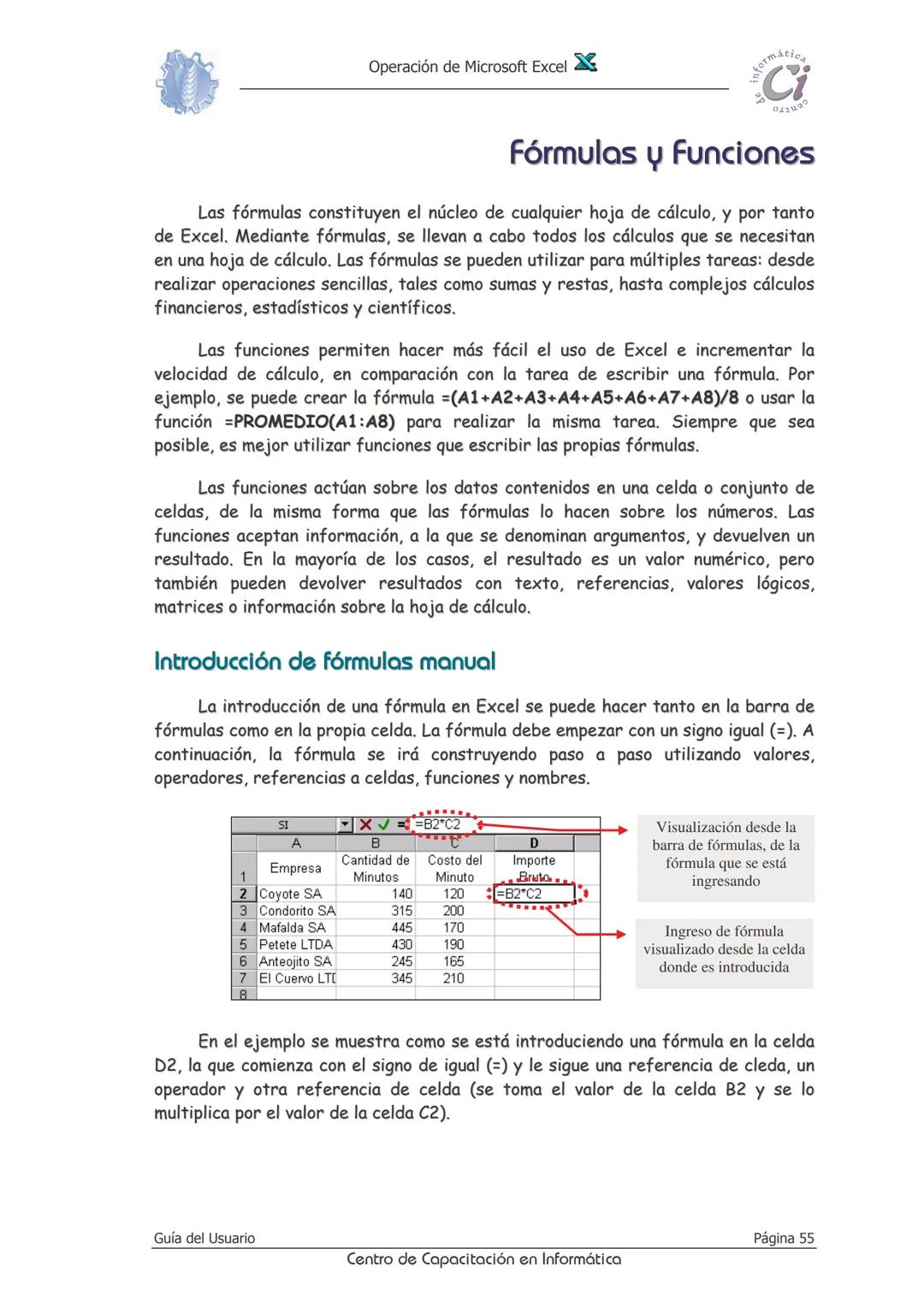 Operación de Microsoft Excel
formáción
Ci
0412
Fórmulas
Y
Funciones
Las fórmulas constituyen el núcleo de cualquier hoja de cálculo, y por t