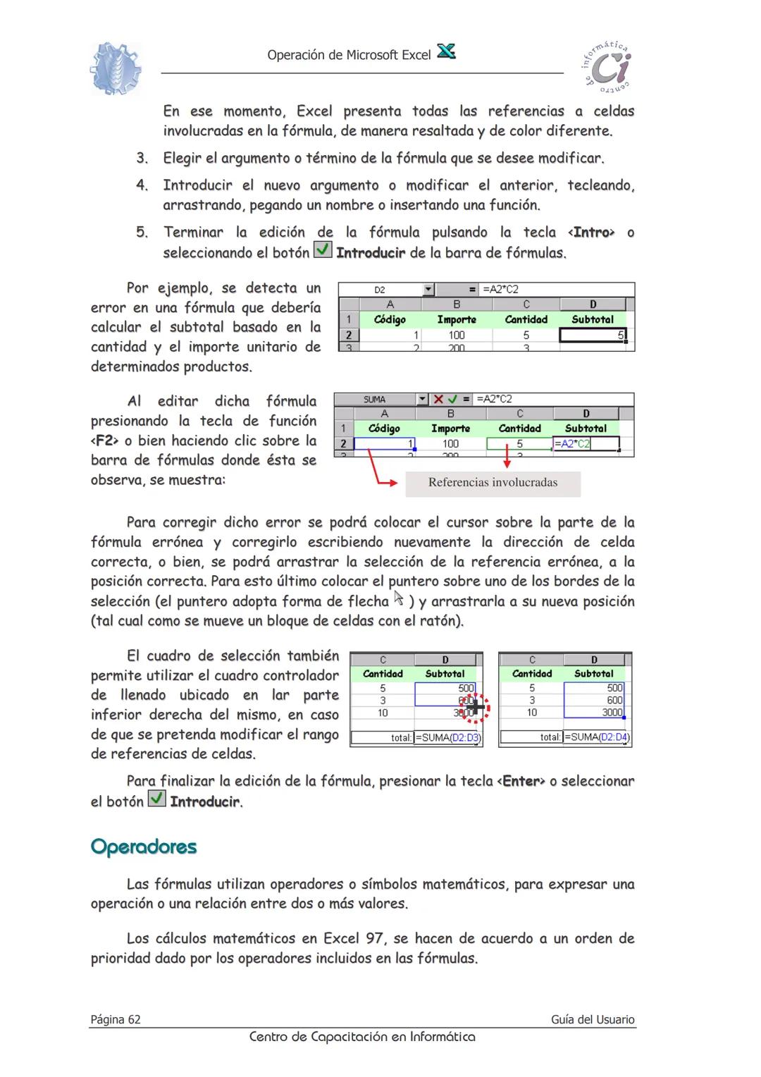 Operación de Microsoft Excel
formáción
Ci
0412
Fórmulas
Y
Funciones
Las fórmulas constituyen el núcleo de cualquier hoja de cálculo, y por t