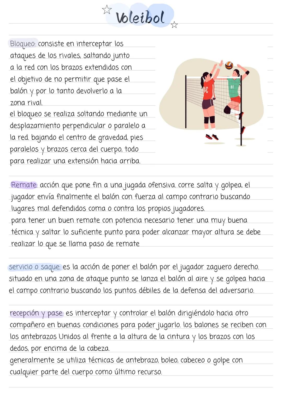 Voleibol
Bloqueo: consiste en interceptar los
ataques de los rivales, saltando junto
a la red con los brazos extendidos con
el objetivo de n