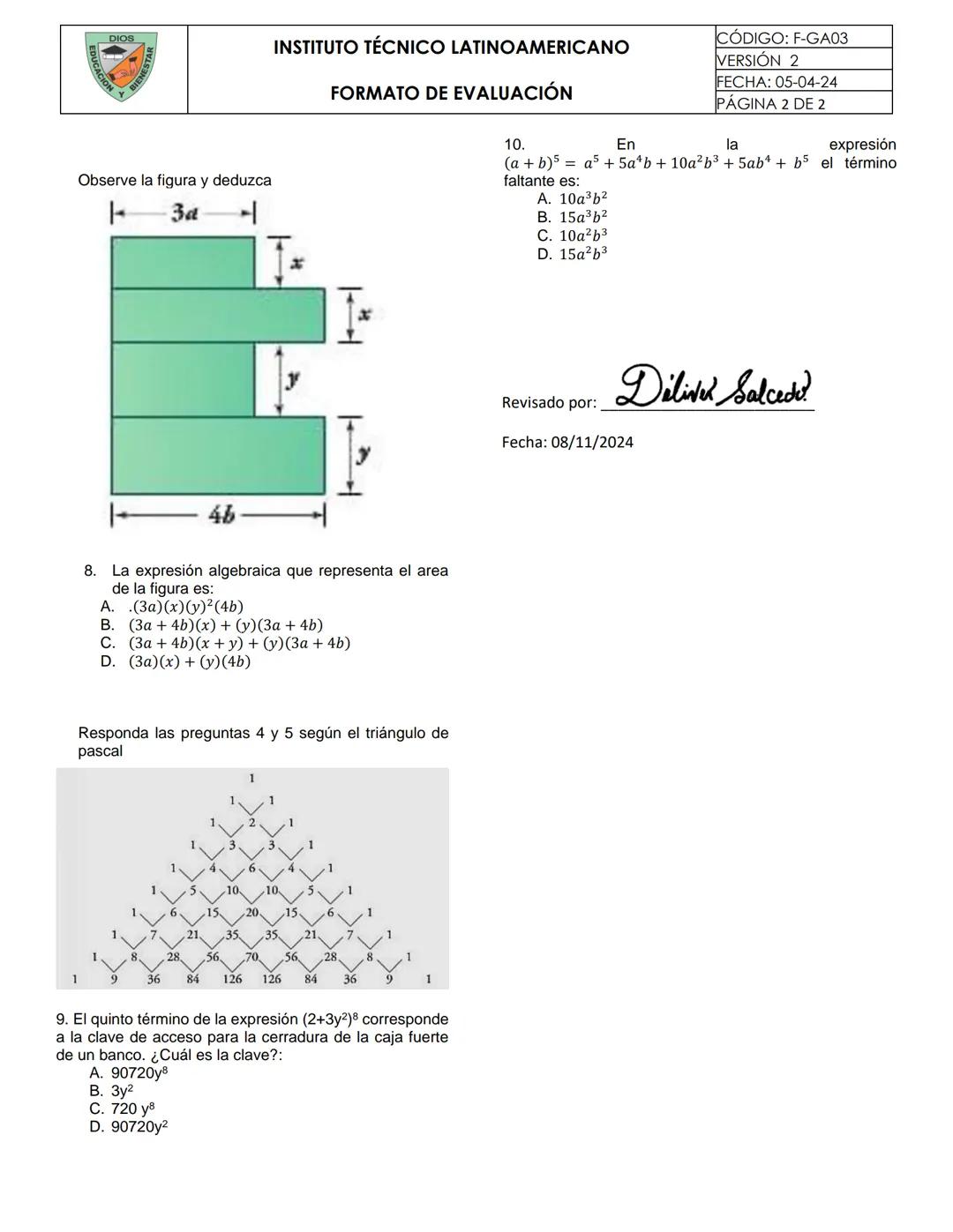 DIOS
INSTITUTO TÉCNICO LATINOAMERICANO
FORMATO DE EVALUACIÓN
CÓDIGO: F-GA03
VERSIÓN 2
FECHA: 05-04-24
PÁGINA 1 DE 2
UCACION
ASIGNATURA:
Mate