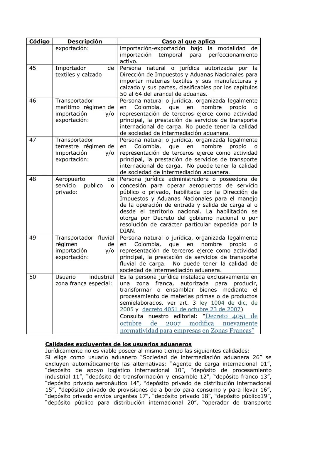 # Tabla resumen con los códigos para diligenciar en el
RUT el tipo de "Usuario Aduanero"
(Fecha de elaboración: Septiembre 8 de 2008)
De a