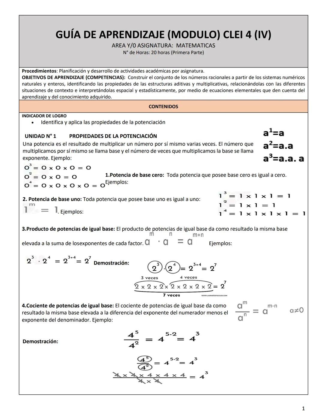 GUÍA DE APRENDIZAJE (MODULO) CLEI 4 (IV)
AREA Y/O ASIGNATURA: MATEMATICAS
N° de Horas: 20 horas (Primera Parte)
Procedimientos: Planificació