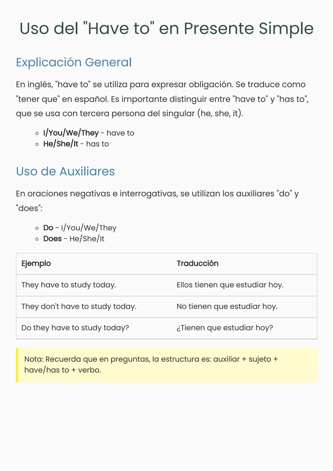 Uso del "Have to" en Presente Simple
Explicación General
En inglés, "have to" se utiliza para expresar obligación. Se traduce como
"tener qu