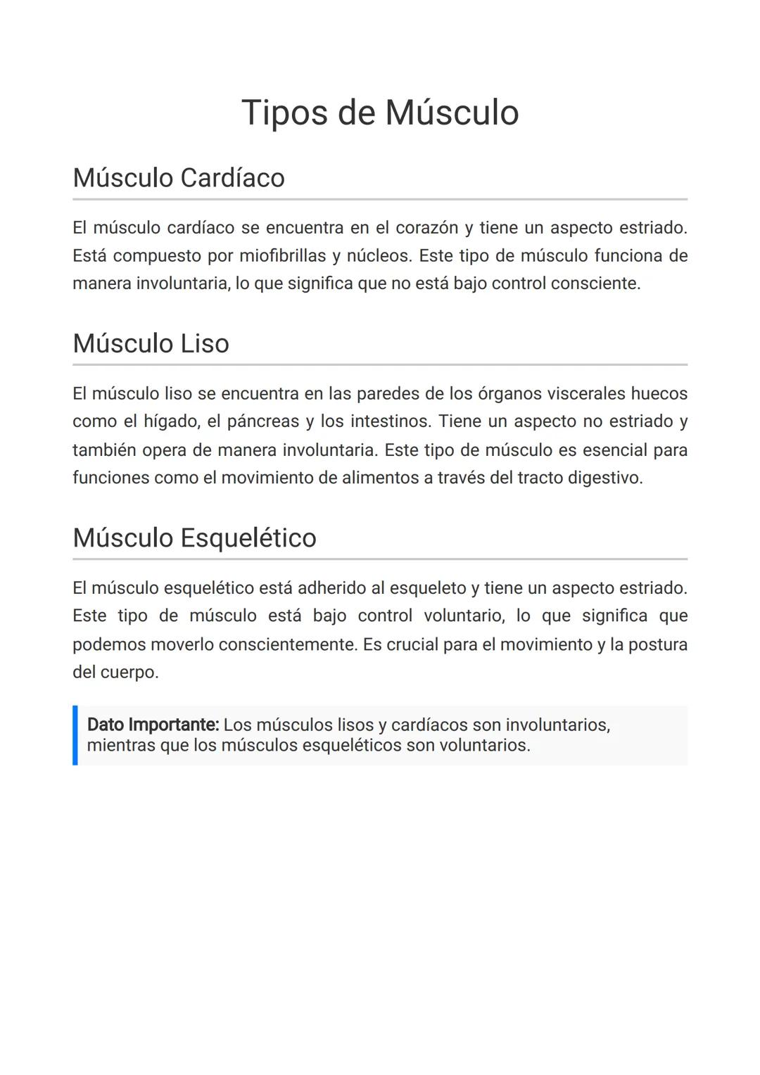 Tipos de Músculo
Músculo Cardíaco
El músculo cardíaco se encuentra en el corazón y tiene un aspecto estriado.
Está compuesto por miofibrilla