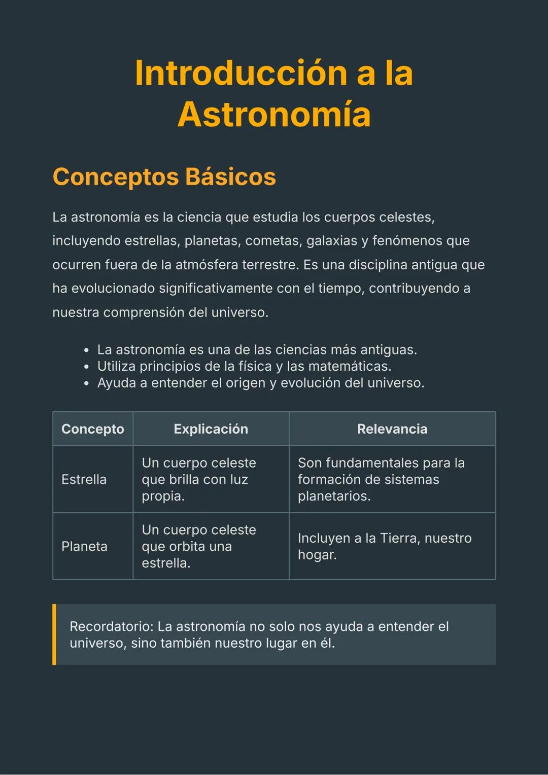 # Introducción a la
Astronomía
## Conceptos Básicos
La astronomía es la ciencia que estudia los cuerpos celestes,
incluyendo estrellas, pl