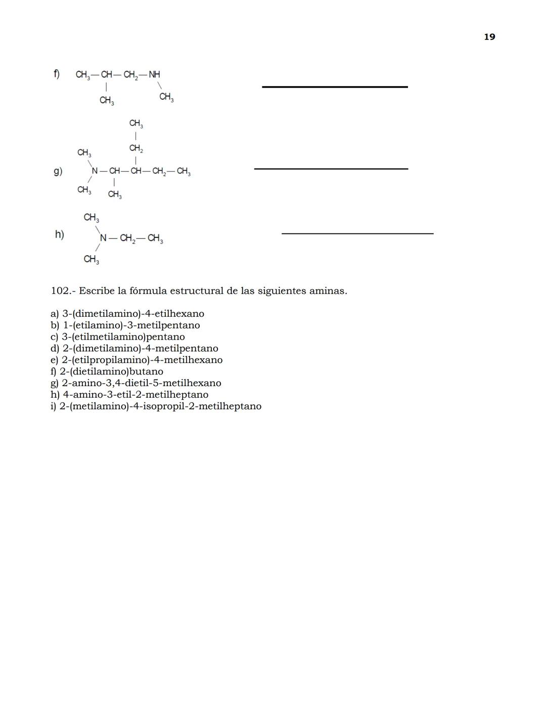 Guía de Ejercicios de nomenclatura en Química Orgánica
1
Indica cuántos carbonos primarios, secundarios, ternarios y cuaternarios existen en