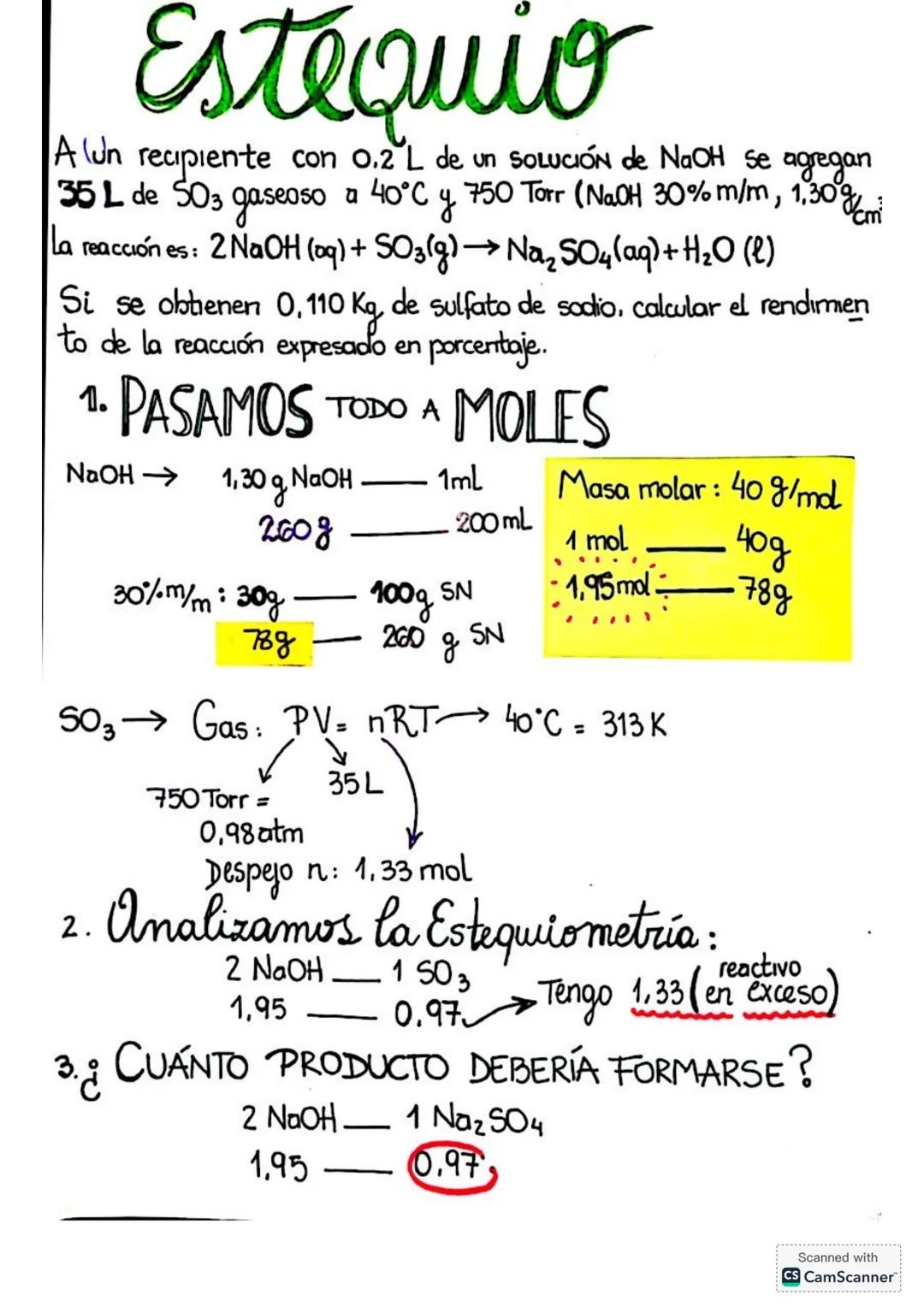 # Estequio
Alun recapiente con 0.2 L de un SOLUCIÓN de NaOH se agregan
35 L de 503 gaseoso a 40°C y 750 Torr (NaOH 30% m/m, 1,30$\%$
La rea