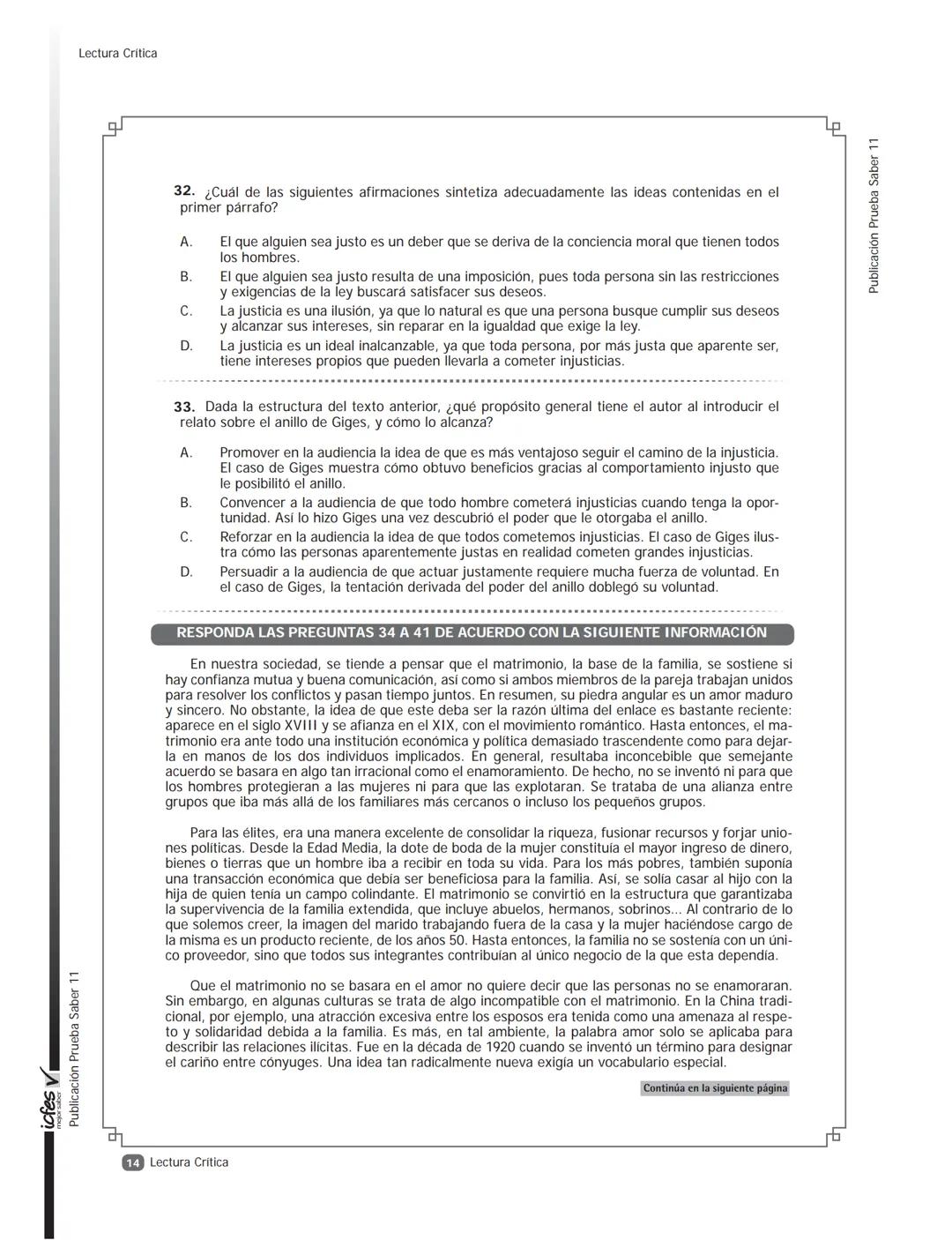 --- OCR Start ---
icfes V
saber 11°
CUADERNILLO
DE PREGUNTAS
SABER 11° 2014
Cuadernillo de prueba
Ejemplo de preguntas
11° grado
--- OCR End