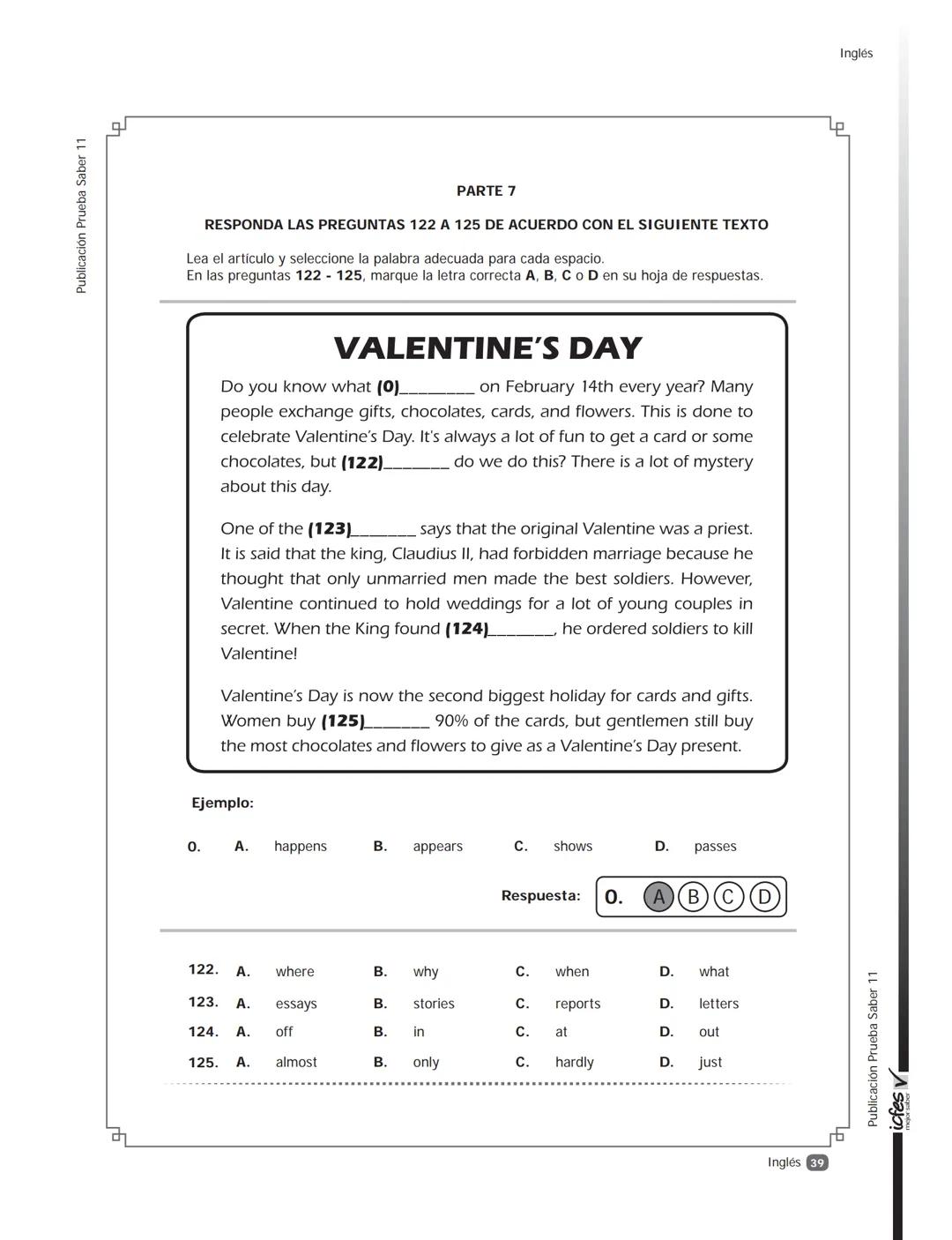 --- OCR Start ---
icfes V
saber 11°
CUADERNILLO
DE PREGUNTAS
SABER 11° 2014
Cuadernillo de prueba
Ejemplo de preguntas
11° grado
--- OCR End