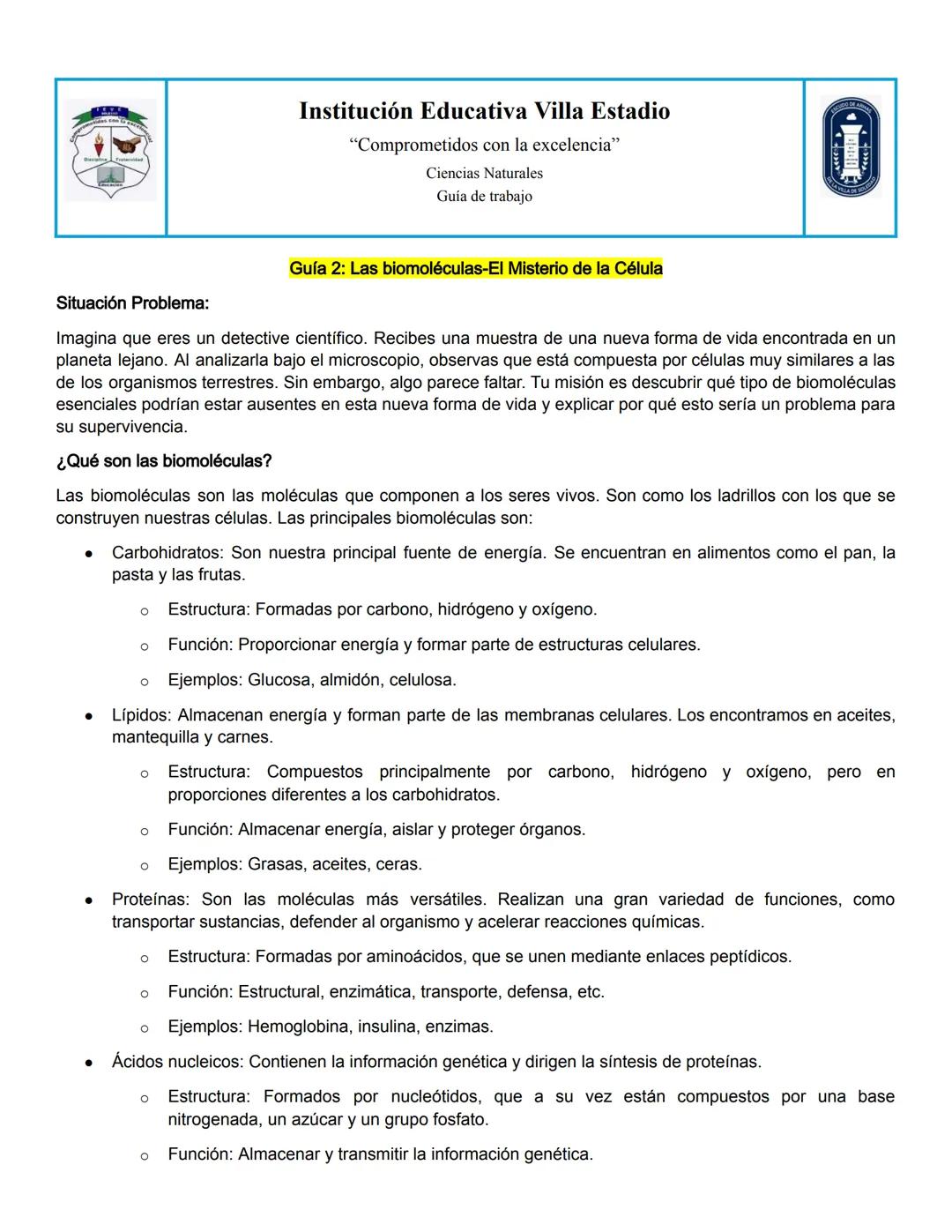 # Institución Educativa Villa Estadio
"Comprometidos con la excelencia"
Ciencias Naturales
Guía de trabajo
Guía 2: Las biomoléculas-El Mist