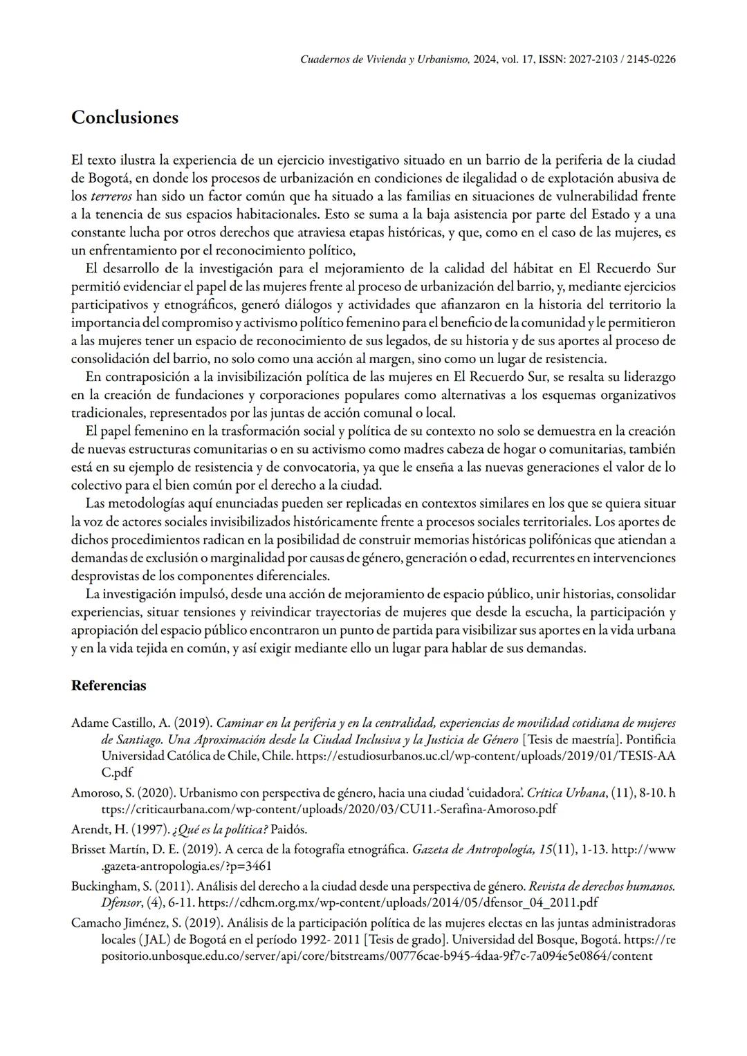 # VIVIENDA
URBANISMO
ISSN: 2145-0226 (En línea) | ISSN: 2027-2103 (Impreso)
Vol. 17
Publicación continua
Artículos
Mujeres al borde: tensi