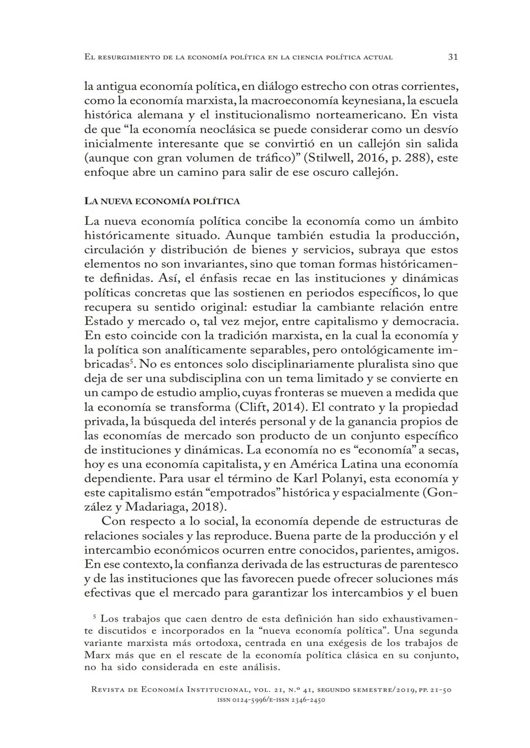 # EL RESURGIMIENTO
DE LA ECONOMÍA POLÍTICA
EN LA CIENCIA
POLÍTICA ACTUAL
Aldo Madariaga
* DOI: https://doi.org/10.18601/01245996.v21n41.02