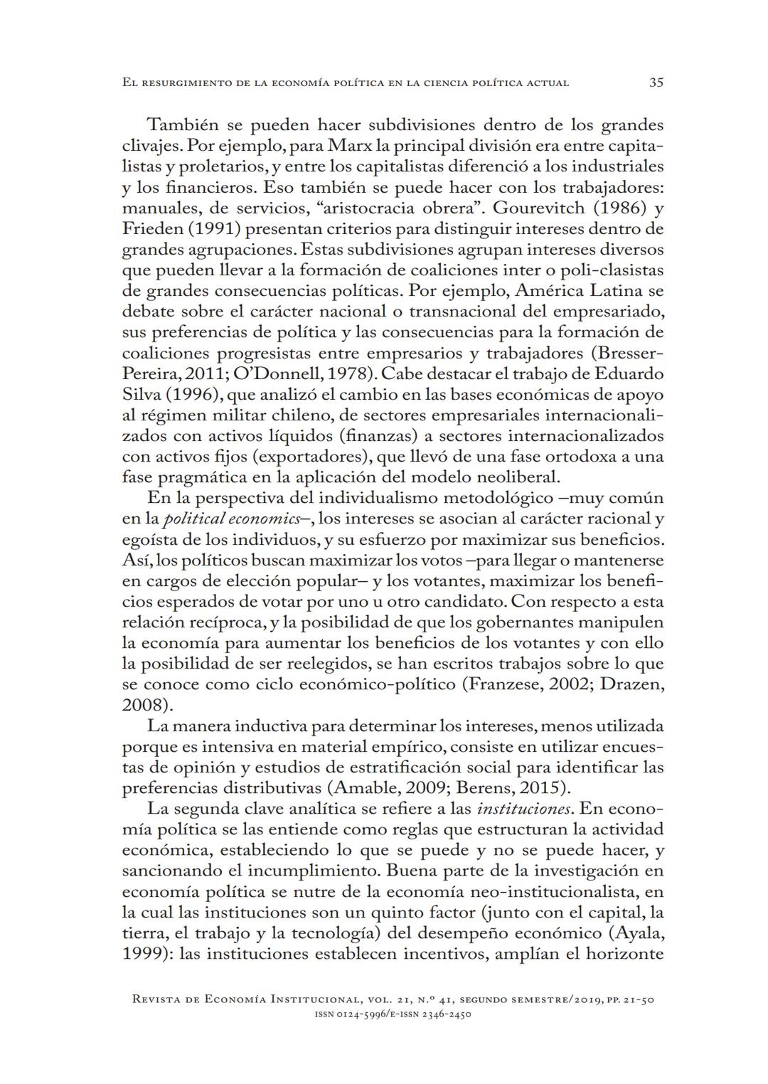 # EL RESURGIMIENTO
DE LA ECONOMÍA POLÍTICA
EN LA CIENCIA
POLÍTICA ACTUAL
Aldo Madariaga
* DOI: https://doi.org/10.18601/01245996.v21n41.02