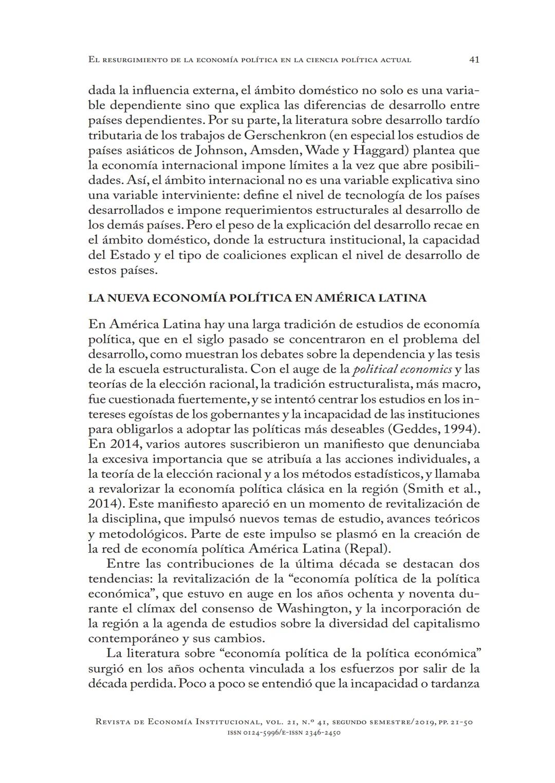 # EL RESURGIMIENTO
DE LA ECONOMÍA POLÍTICA
EN LA CIENCIA
POLÍTICA ACTUAL
Aldo Madariaga
* DOI: https://doi.org/10.18601/01245996.v21n41.02