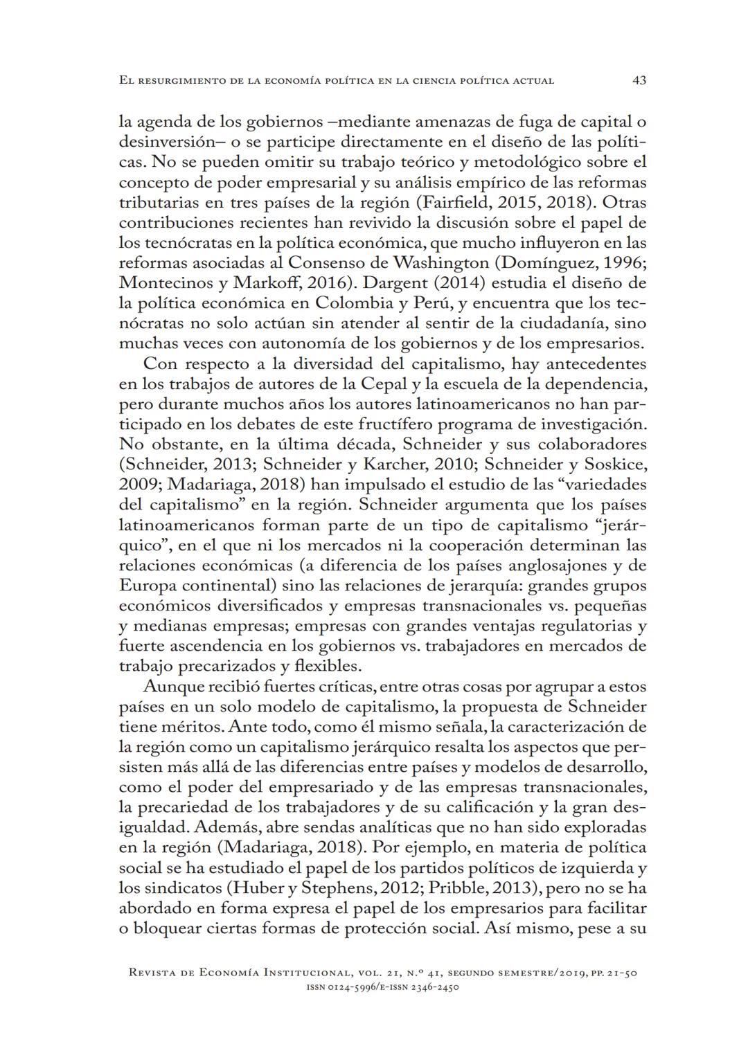 # EL RESURGIMIENTO
DE LA ECONOMÍA POLÍTICA
EN LA CIENCIA
POLÍTICA ACTUAL
Aldo Madariaga
* DOI: https://doi.org/10.18601/01245996.v21n41.02