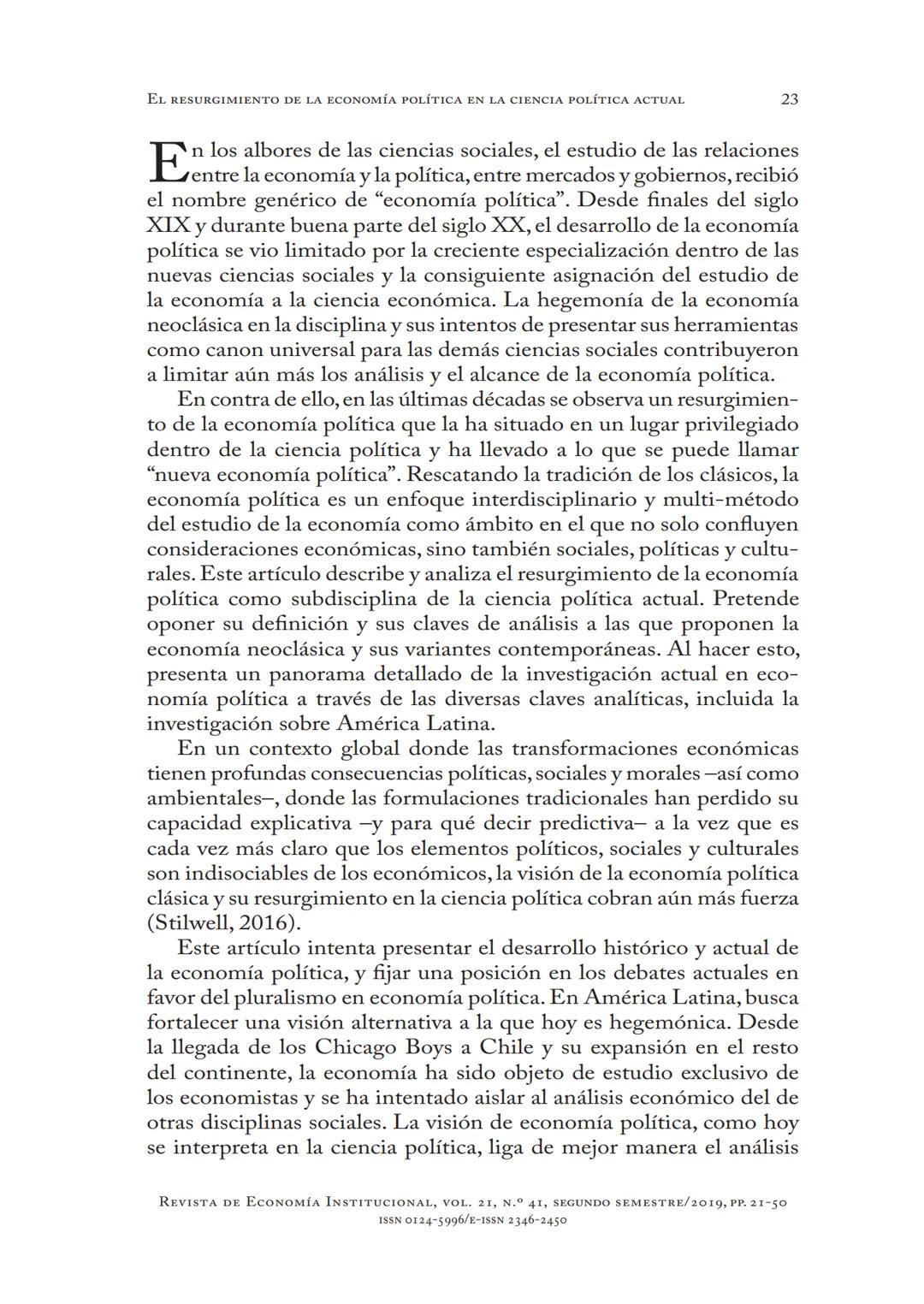 # EL RESURGIMIENTO
DE LA ECONOMÍA POLÍTICA
EN LA CIENCIA
POLÍTICA ACTUAL
Aldo Madariaga
* DOI: https://doi.org/10.18601/01245996.v21n41.02