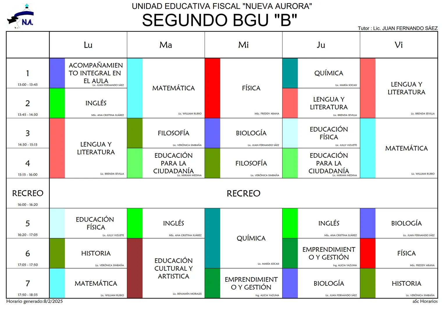 --- OCR Start ---
Ν.Α.
UNIDAD EDUCATIVA FISCAL "NUEVA AURORA"
SEGUNDO BGU "B"
Horario
Tutor: Lic. JUAN FERNANDO SÁEZ
Lu
Ma
Mi
Ju
Vi
1
13:00-