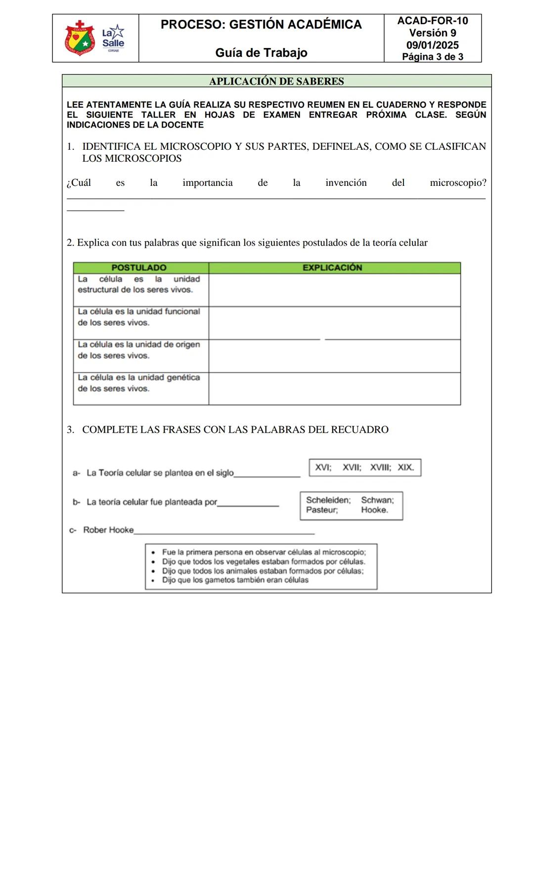 # PROCESO: GESTIÓN ACADÉMICA
ACAD-FOR-10
Versión 9
09/01/2025
Página 1 de 3
Guía de Trabajo
## DATOS DE IDENTIFICACIÓN
| Área/asignatura