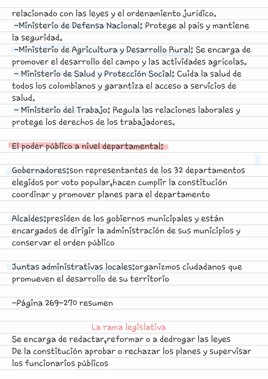 --- OCR Start ---
Ramas del Poder Y el gobierno de Colombia
-Página 265 resumen
El gobierno
El gobierno tiene una forma especifica de organi