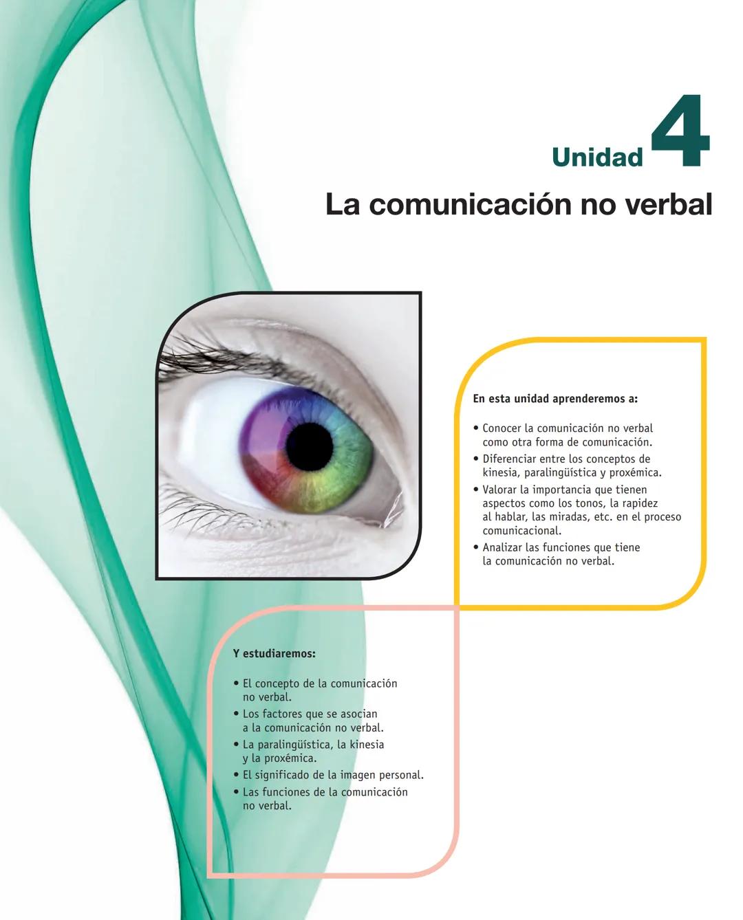 Unidad
4
La comunicación no verbal
Y estudiaremos:
• El concepto de la comunicación
no verbal.
• Los factores que se asocian
a la comuni