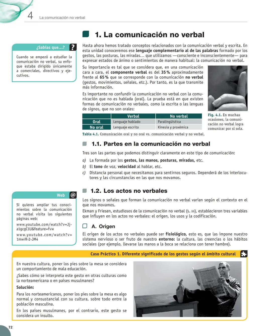 Unidad
4
La comunicación no verbal
Y estudiaremos:
• El concepto de la comunicación
no verbal.
• Los factores que se asocian
a la comuni