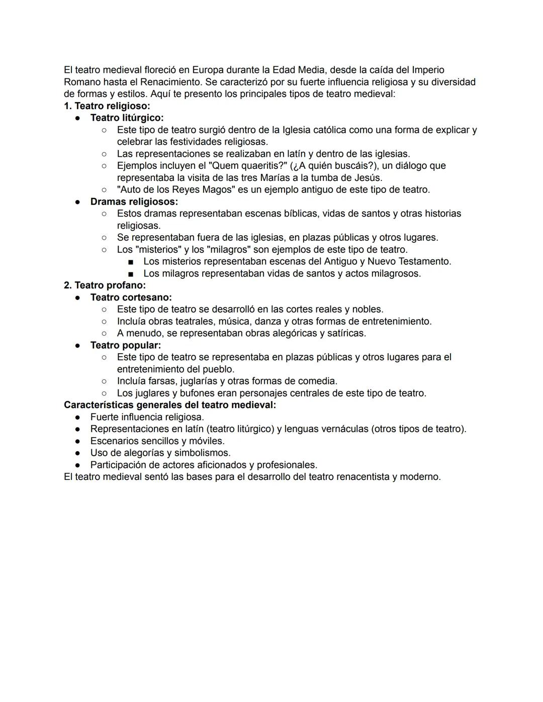 El teatro medieval floreció en Europa durante la Edad Media, desde la caída del Imperio
Romano hasta el Renacimiento. Se caracterizó por su