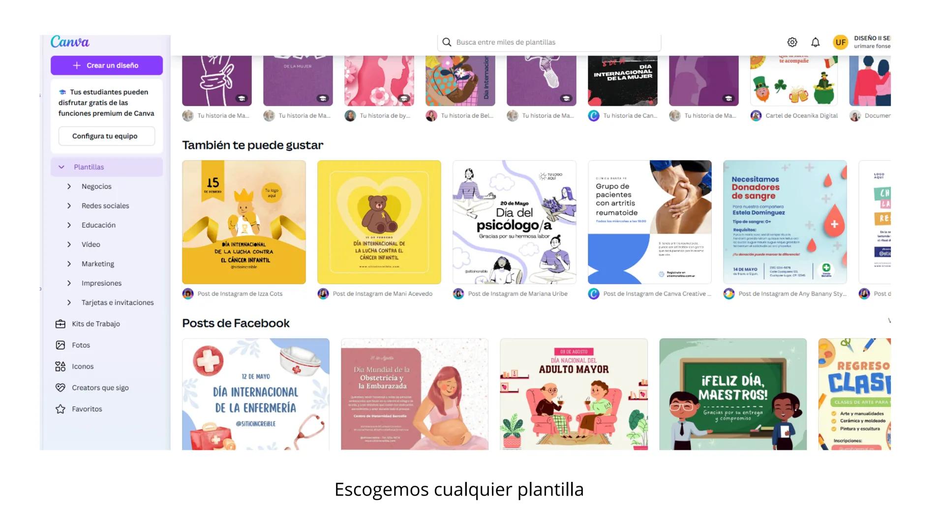 # Canva
- Inicio
- Proyectos
- Plantillas
- Marca
- Apps
- Tareas
- Dream Lab
+ Crear un diseño
Tus estudiantes pueden disfrutar gratis d