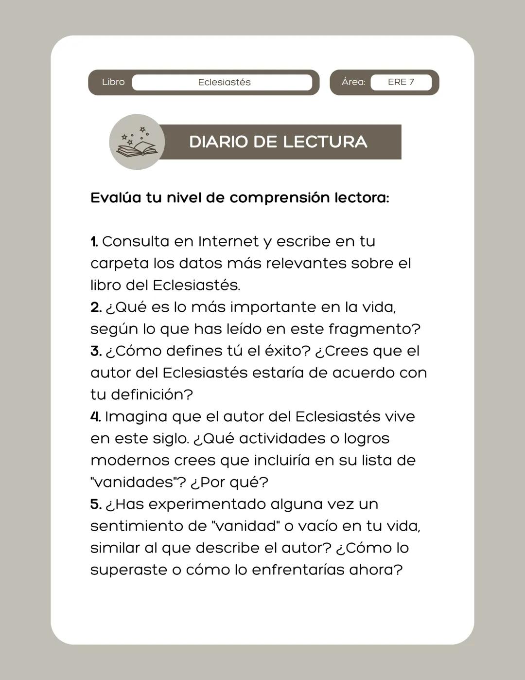 # Plan de
lectura (ERE)
grancolombiano
Eclesiastés Libro
Eclesiastés
Área:
ERE - 1
Palabras de Cohélet, hijo de David, rey en
Jerusalén.