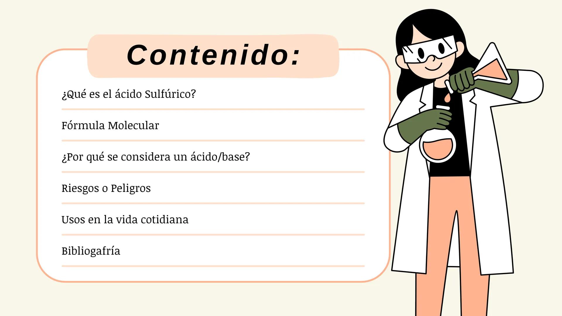 # ÁCIDO SULFÚRICO
$H_2SO_4$ # Contenido:
¿Qué es el ácido Sulfúrico?
Fórmula Molecular
¿Por qué se considera un ácido/base?
Riesgos o Pelig