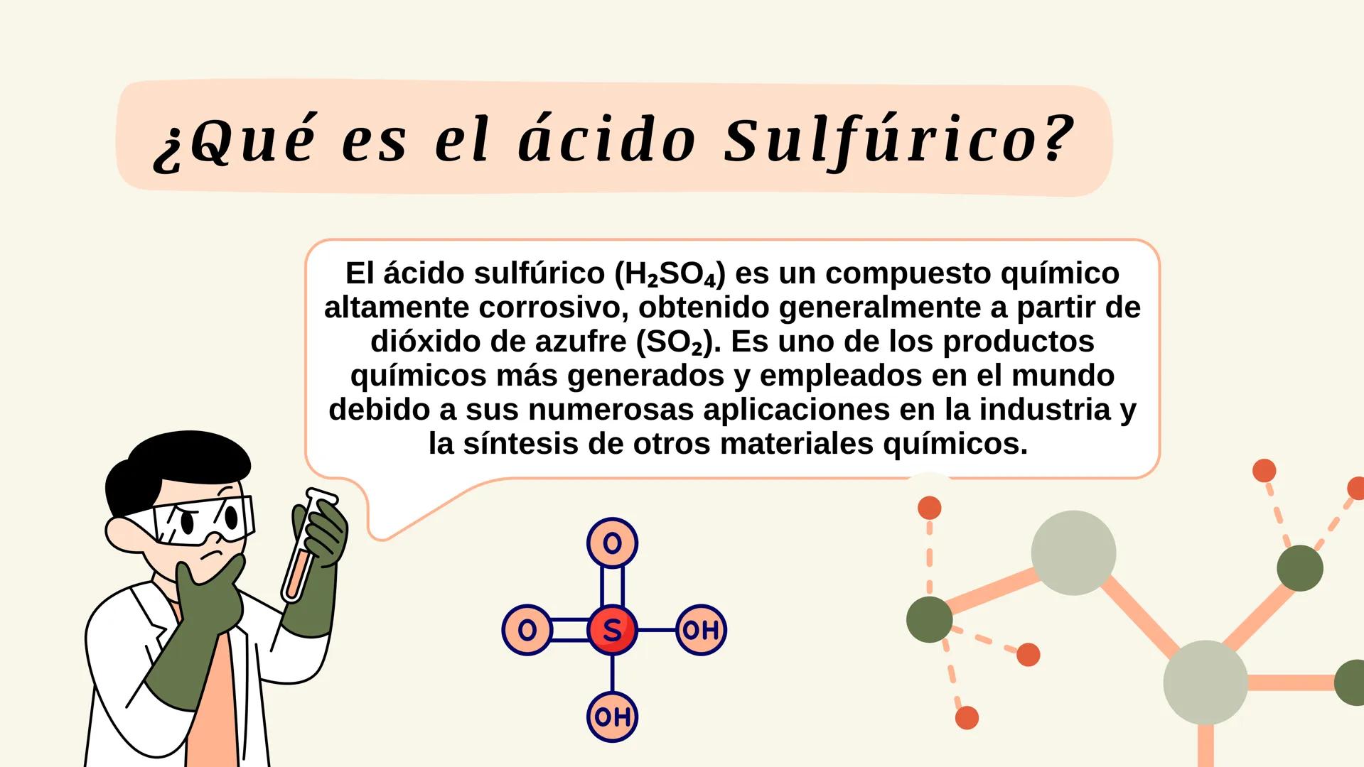 # ÁCIDO SULFÚRICO
$H_2SO_4$ # Contenido:
¿Qué es el ácido Sulfúrico?
Fórmula Molecular
¿Por qué se considera un ácido/base?
Riesgos o Pelig