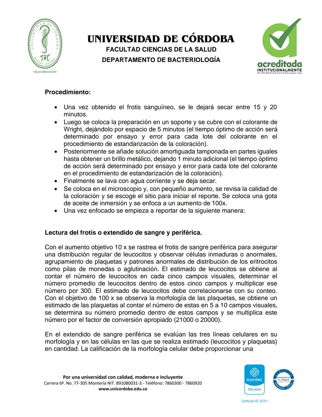 --- OCR Start ---
GAD DE
UNIVERSIDAD DE CÓRDOBA
FACULTAD CIENCIAS DE LA SALUD
DEPARTAMENTO DE BACTERIOLOGÍA
VIGLADA MINEDUCADON
Nombre del C