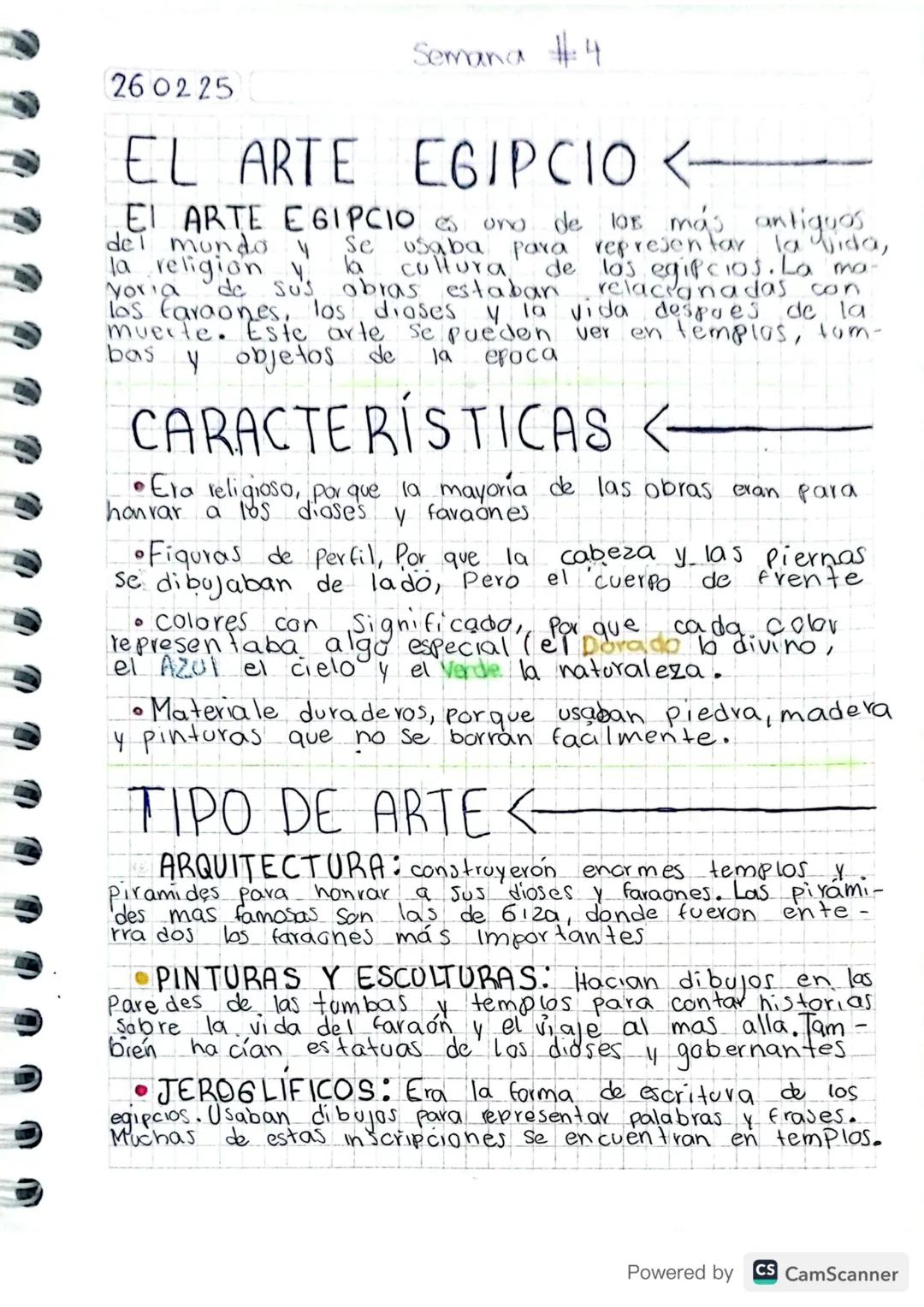 Semana #4
260225
EL ARTE EGIPCIO <-
EI ARTE EGIPCIO es uno de los más antiguos.
del mundo y Se usaba para representar la vida,
la religion y