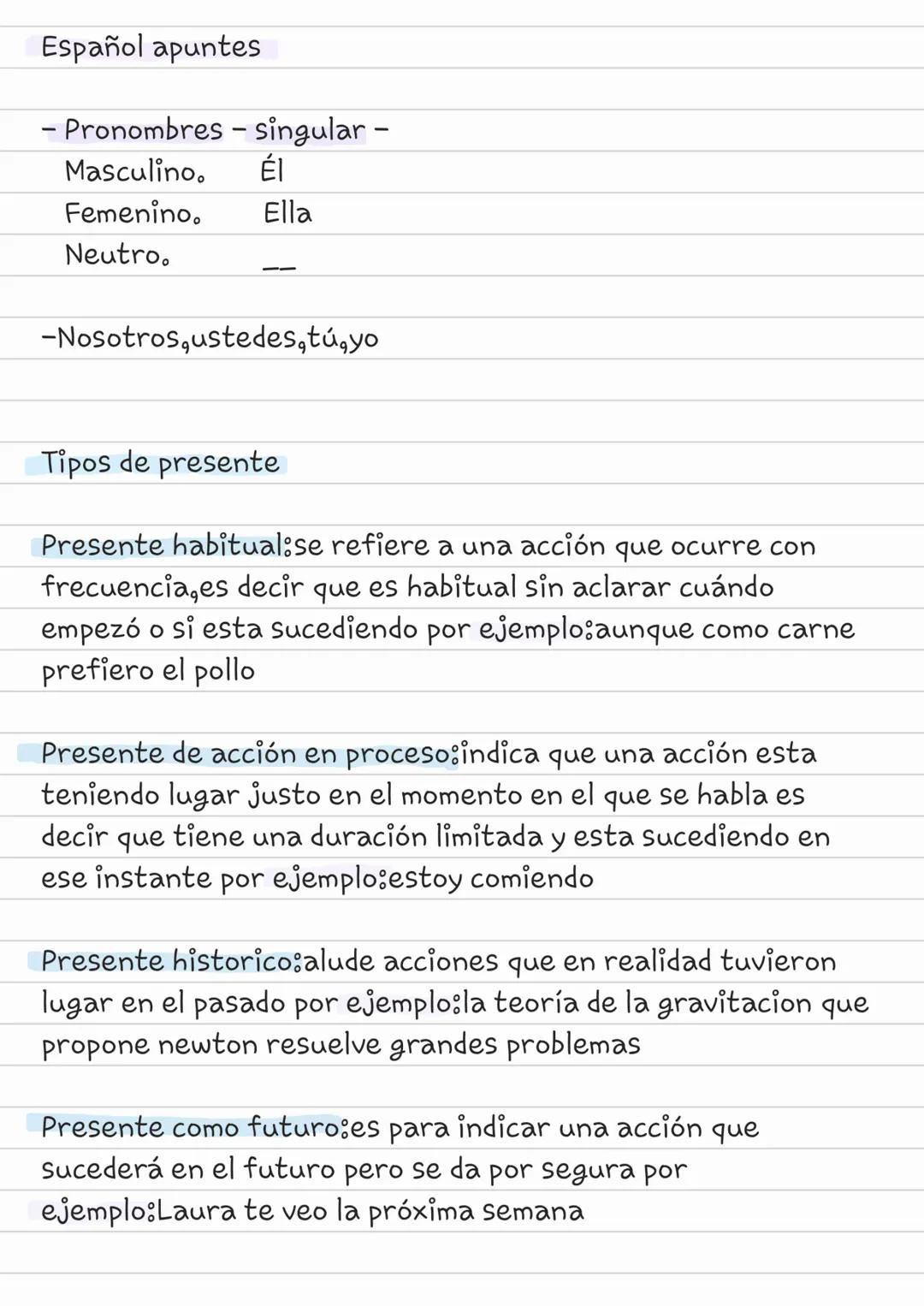 --- OCR Start ---
Español apuntes
- Pronombres - singular -
Masculino. Él
Femenino. Ella
Neutro. 
-Nosotros, ustedes, tú, yo
Tipos de presen