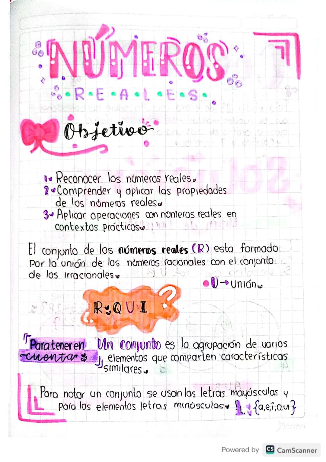 --- OCR Start ---
NÚMEROS
・R・E・A・L・E・S
Objetivo
1. Reconocer los números reales.
2. Comprender y aplicar las propiedades
de los números real