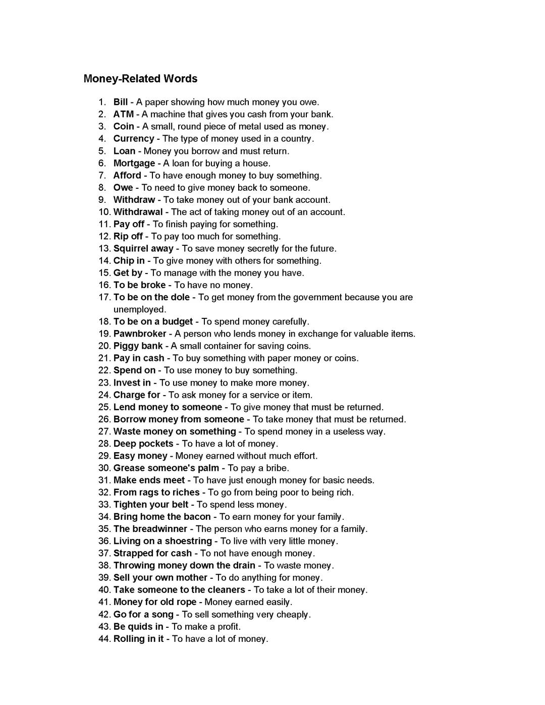 English words about Money