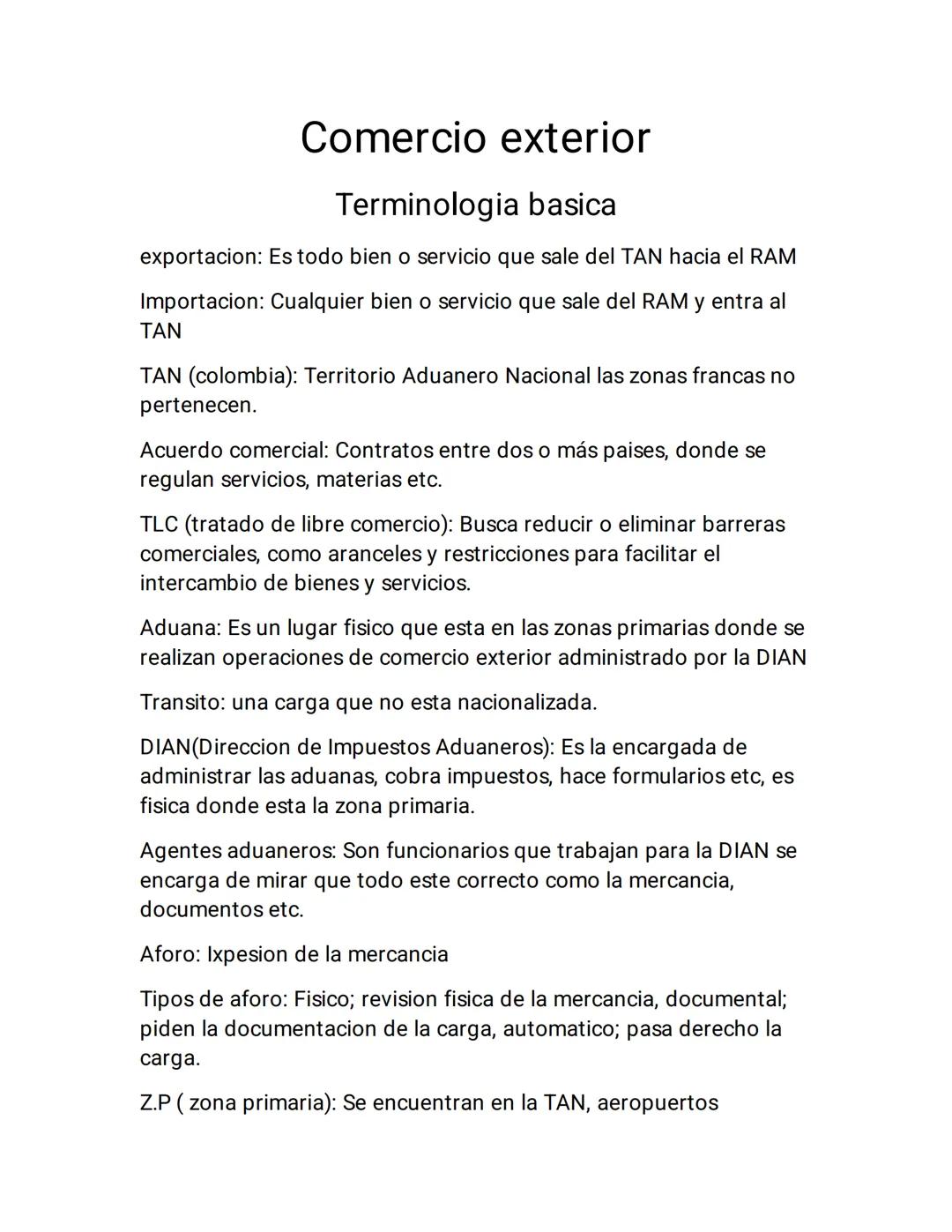 # Comercio exterior
Terminologia basica
exportacion: Es todo bien o servicio que sale del TAN hacia el RAM
Importacion: Cualquier bien o