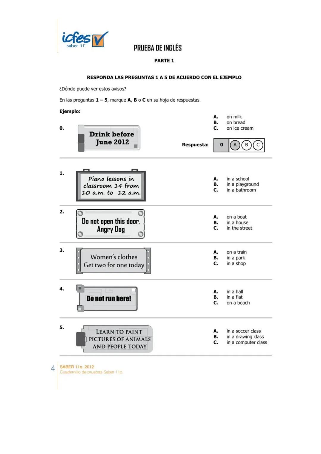 PARTE 2
icfes
saber 11
RESPONDA LAS PREGUNTAS 6 A 10 DE ACUERDO CON EL EJEMPLO
Lea las descripciones de la columna de la izquierda (6-10)))